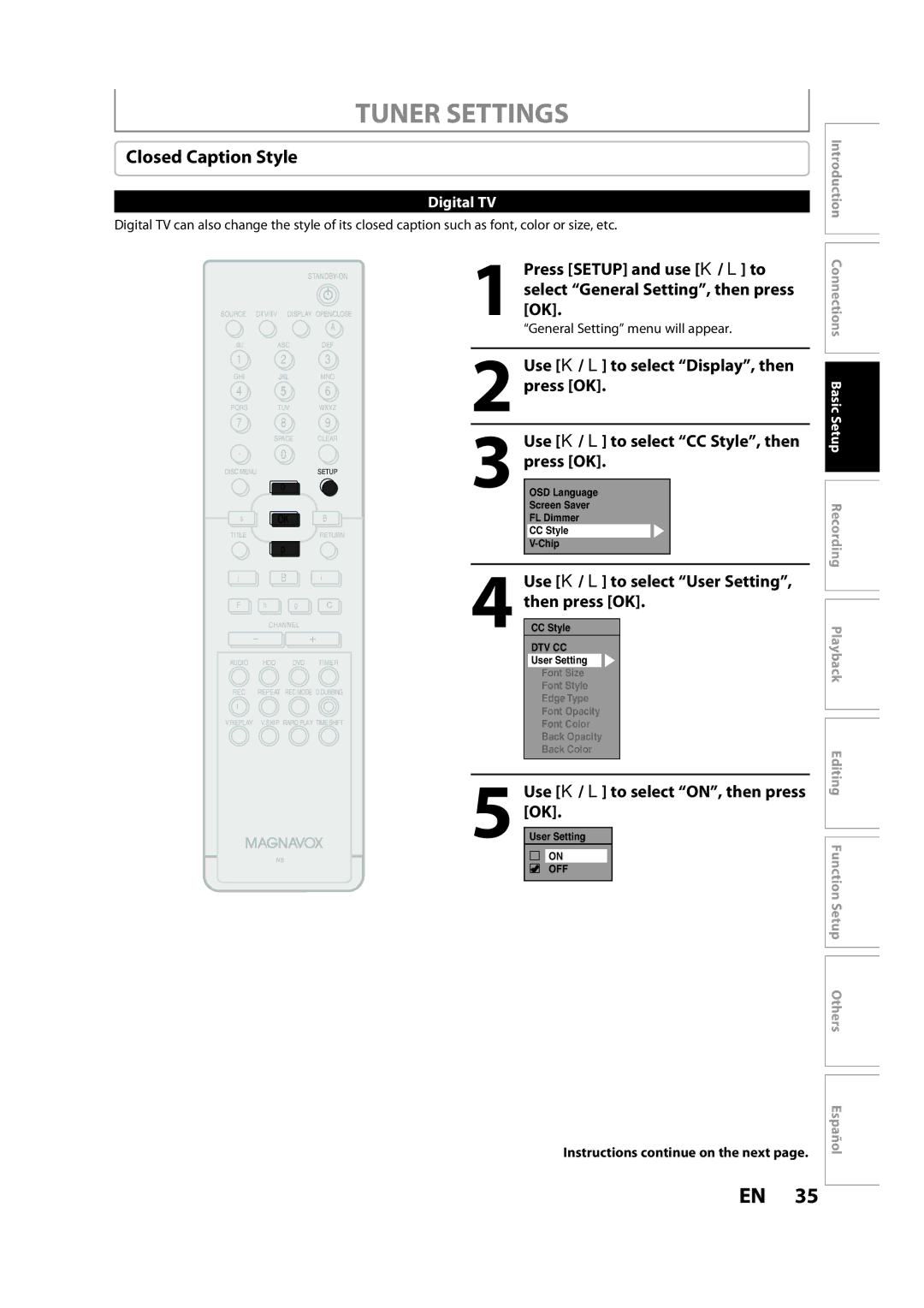 Magnavox H2080MW8 owner manual Closed Caption Style, Use K / L to select User Setting, then press OK 