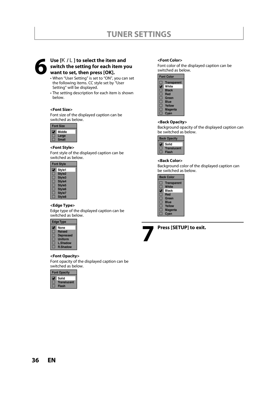 Magnavox H2080MW8 Use K / L to select the item, Switch the setting for each item you, Want to set, then press OK 