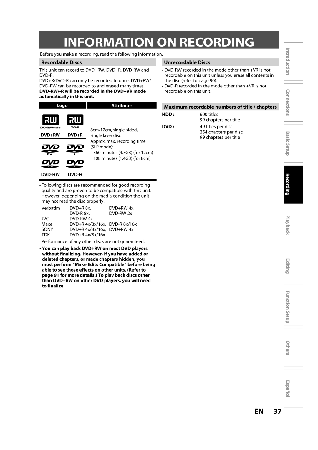 Magnavox H2080MW8 owner manual Information on Recording, Recordable Discs, Unrecordable Discs 