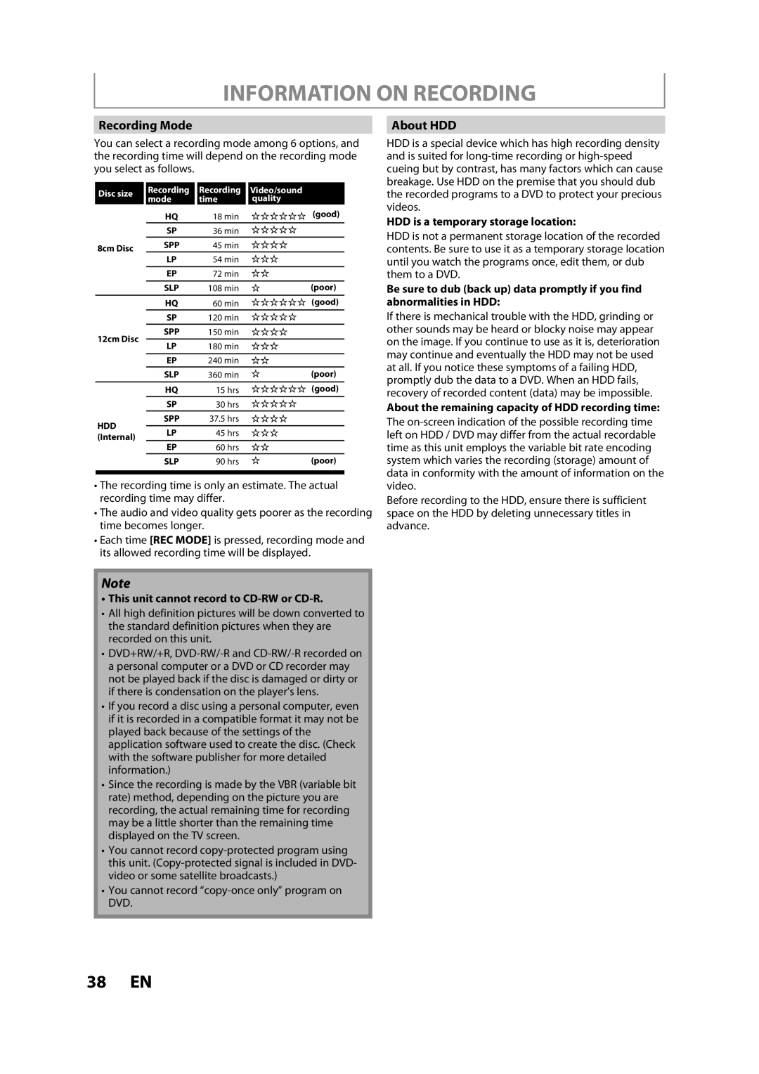 Magnavox H2080MW8 owner manual Information on Recording, Recording Mode, About HDD 