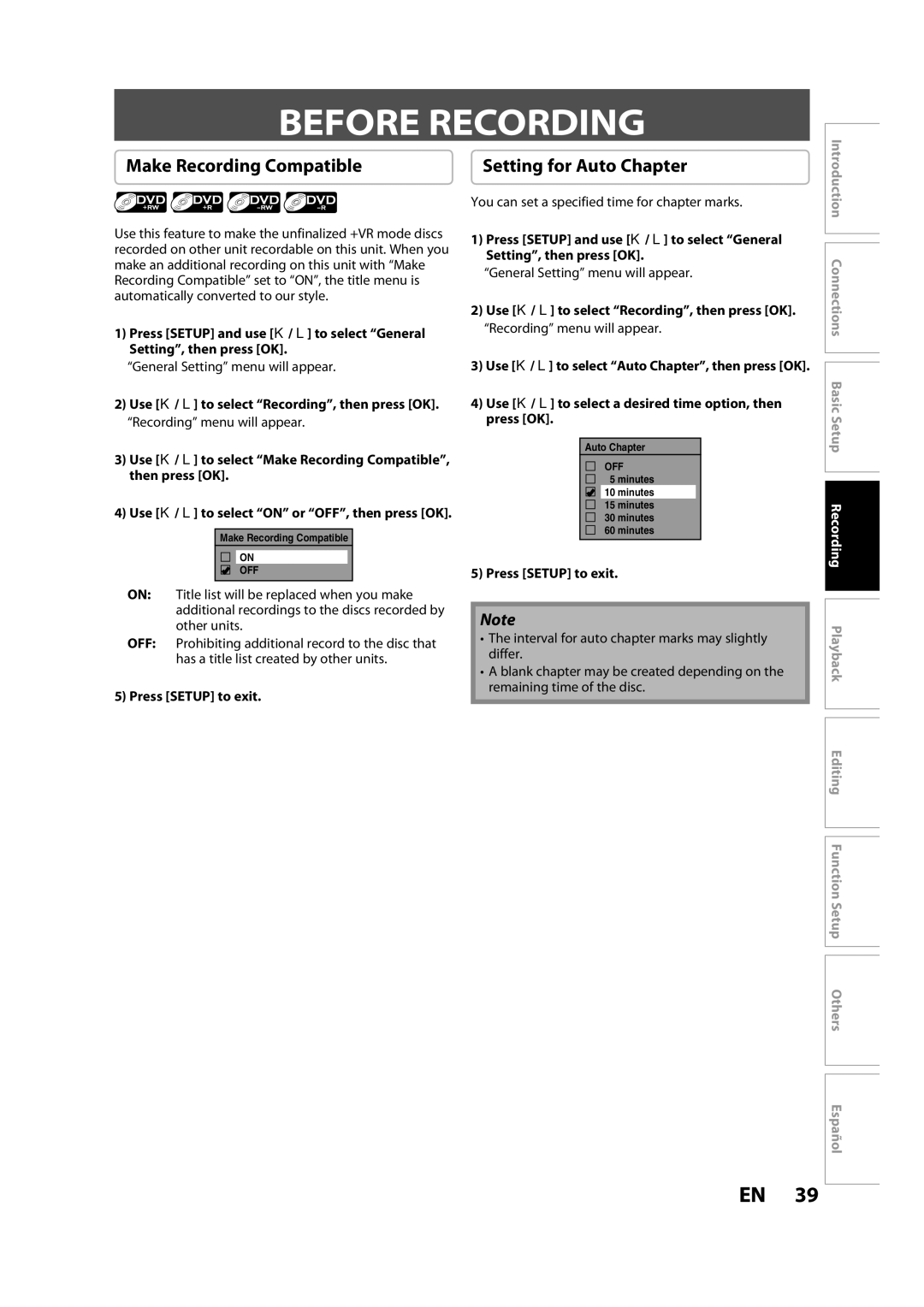 Magnavox H2080MW8 owner manual Before Recording, Make Recording Compatible, Setting for Auto Chapter 