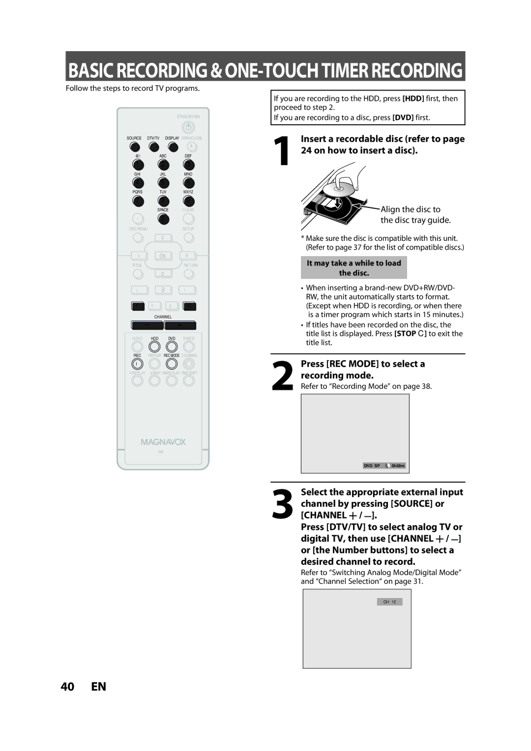 Magnavox H2080MW8 owner manual Press REC Mode to select a recording mode, Channel Press DTV/TV to select analog TV or 