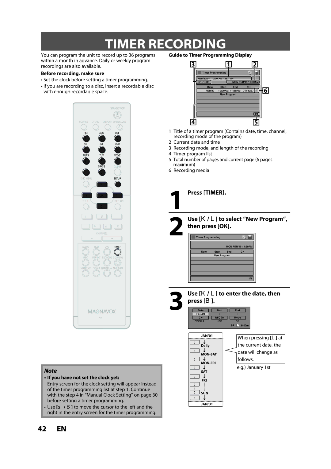 Magnavox H2080MW8 owner manual Timer Recording, Press Timer Use K / L to select New Program, then press OK 