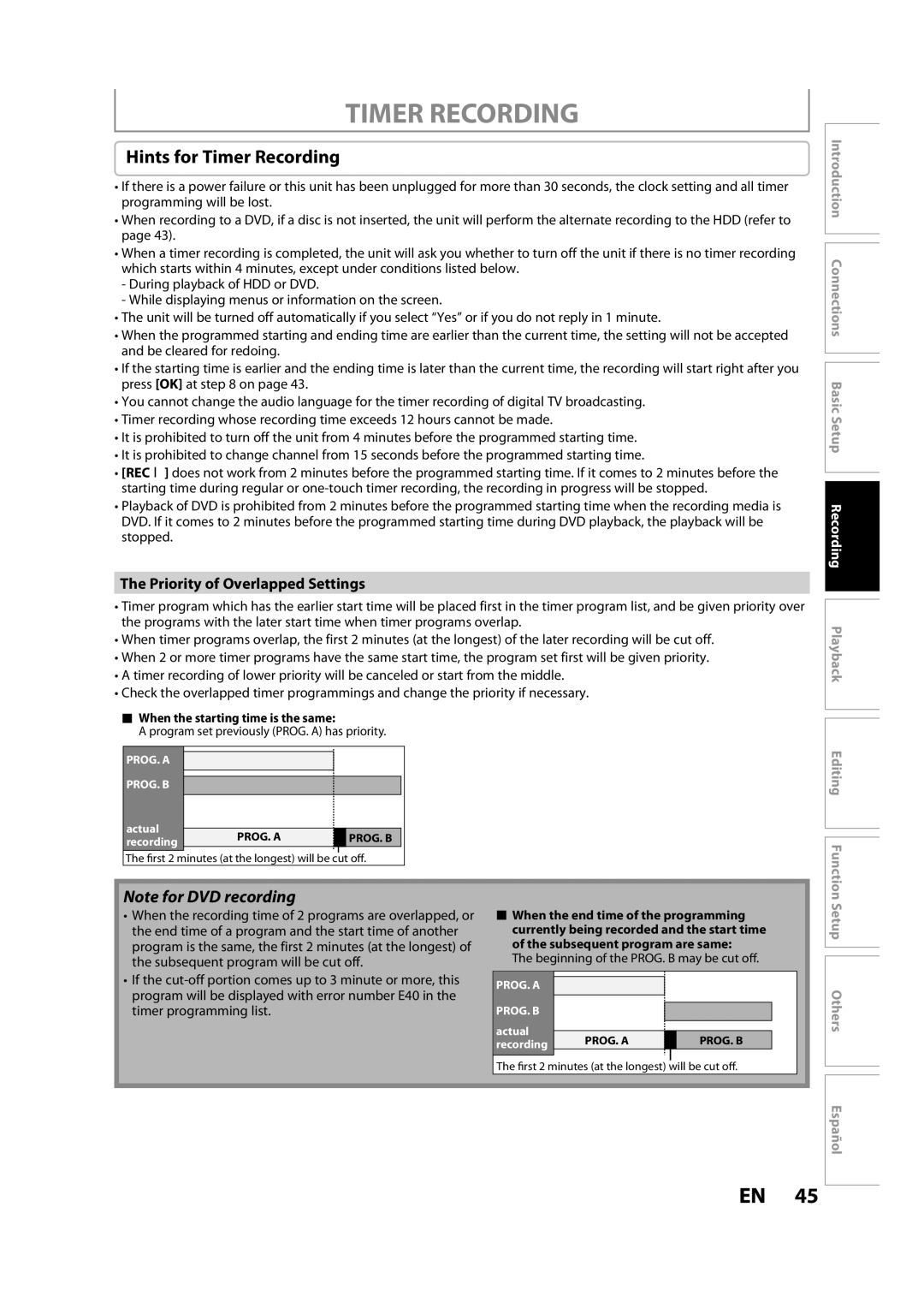 Magnavox H2080MW8 owner manual Hints for Timer Recording, Priority of Overlapped Settings 