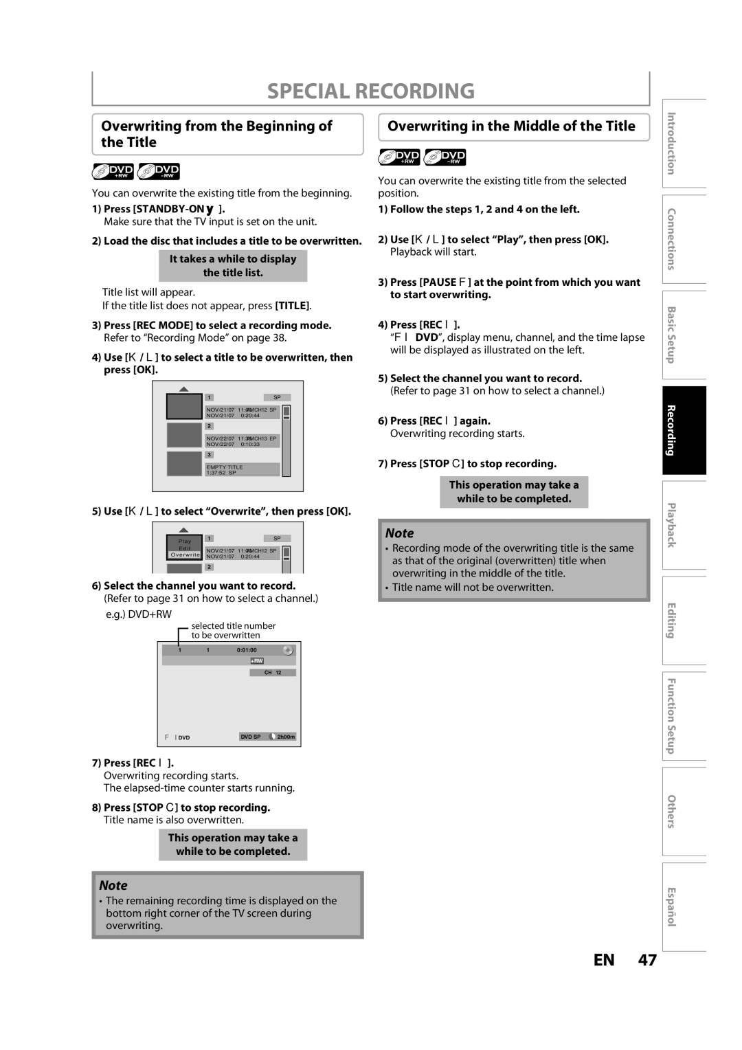 Magnavox H2080MW8 Special Recording, Overwriting from the Beginning, Overwriting in the Middle of the Title 