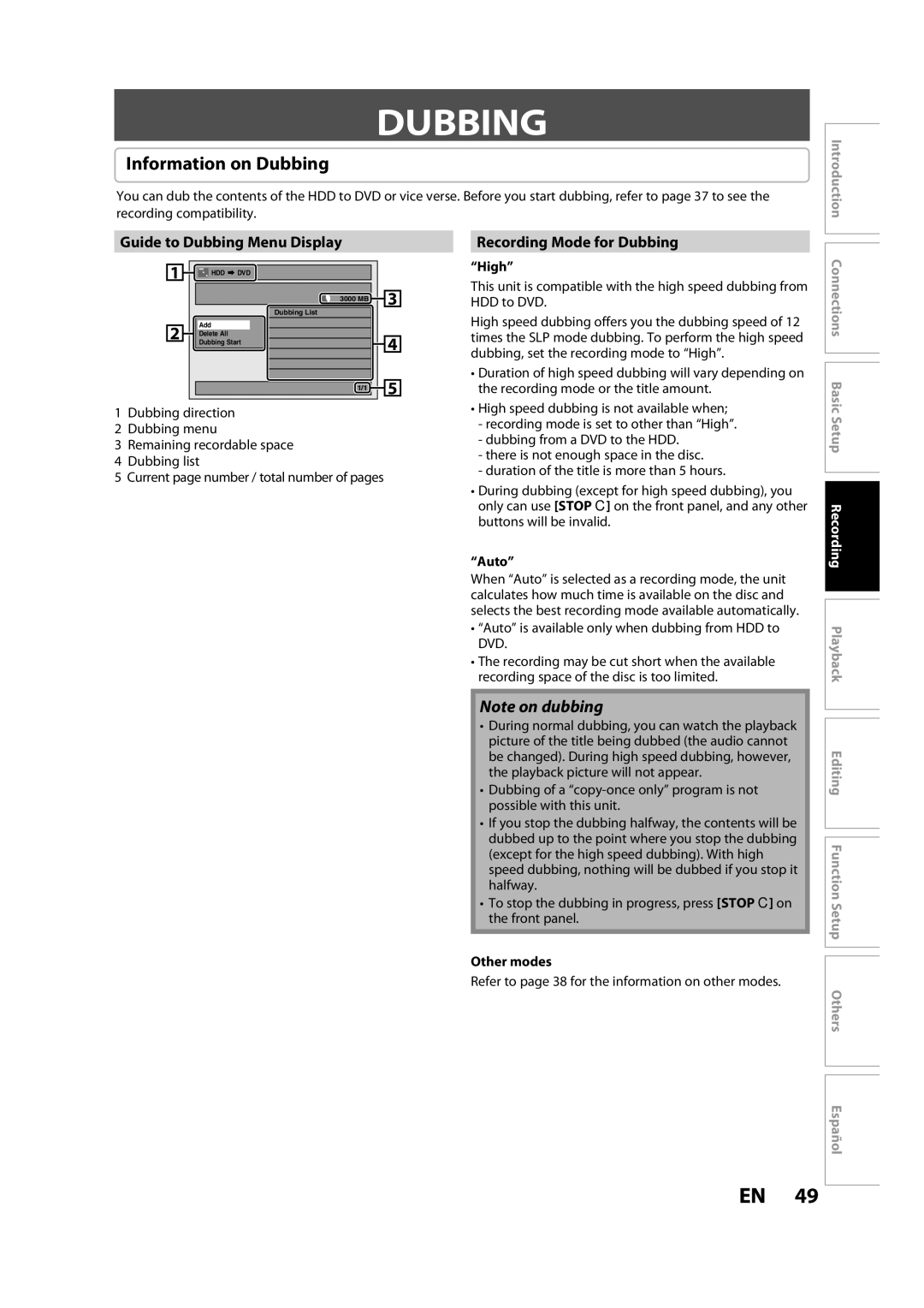 Magnavox H2080MW8 owner manual Information on Dubbing, Guide to Dubbing Menu Display, Recording Mode for Dubbing 