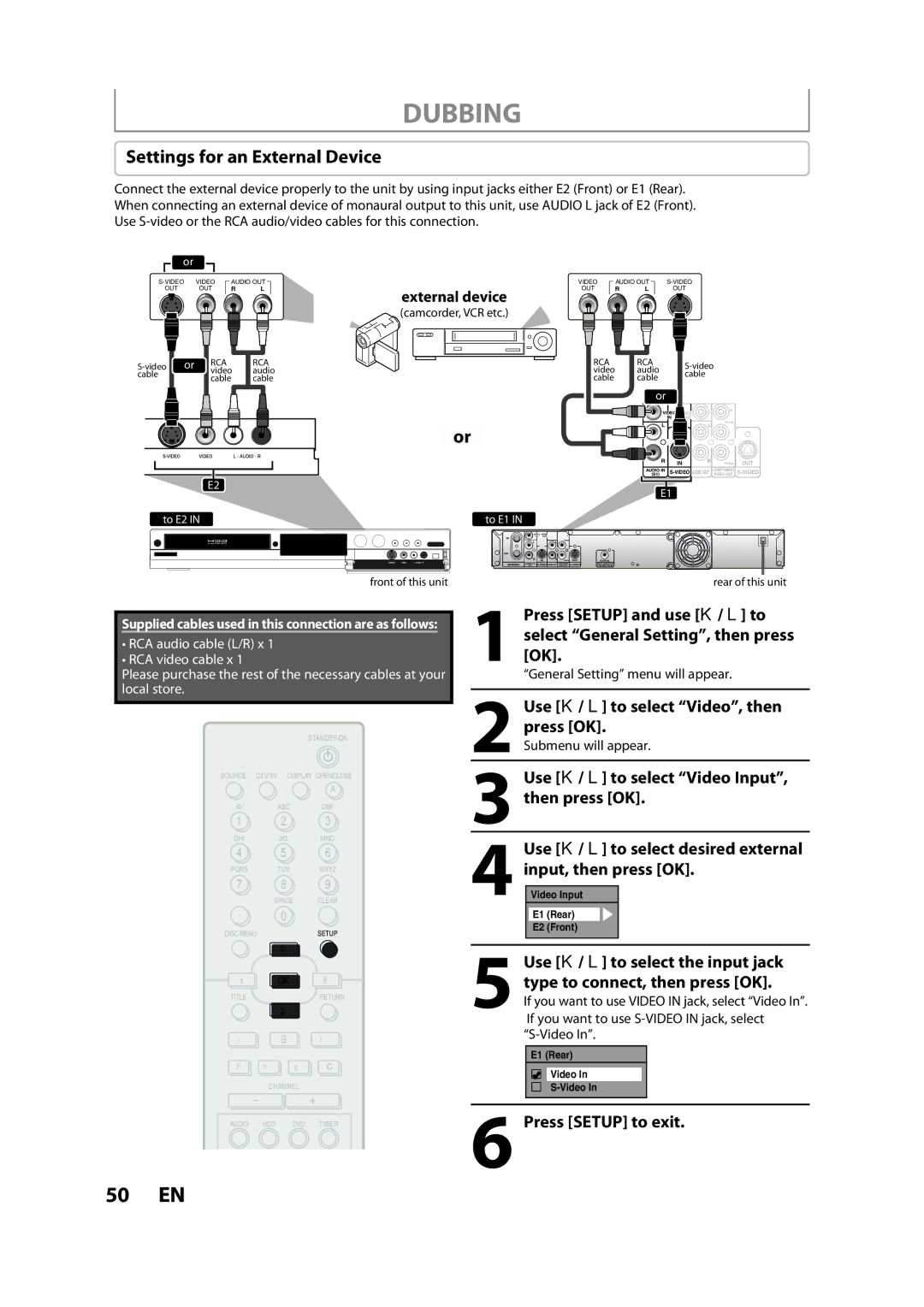 Magnavox H2080MW8 owner manual Dubbing, Settings for an External Device 