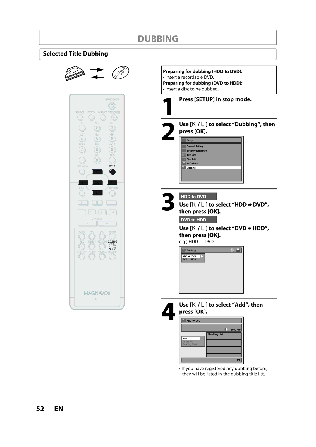 Magnavox H2080MW8 Selected Title Dubbing, Use K / L to select HDD DVD, then press OK, Use K / L to select Add, then 