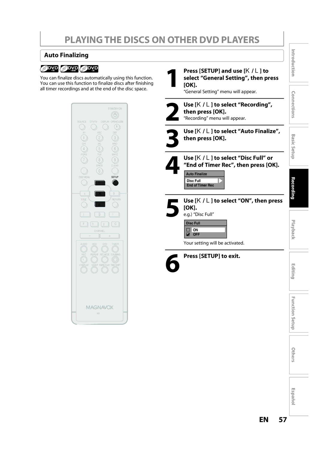 Magnavox H2080MW8 owner manual Playing the Discs on Other DVD Players, Auto Finalizing, Use K / L to select Recording 