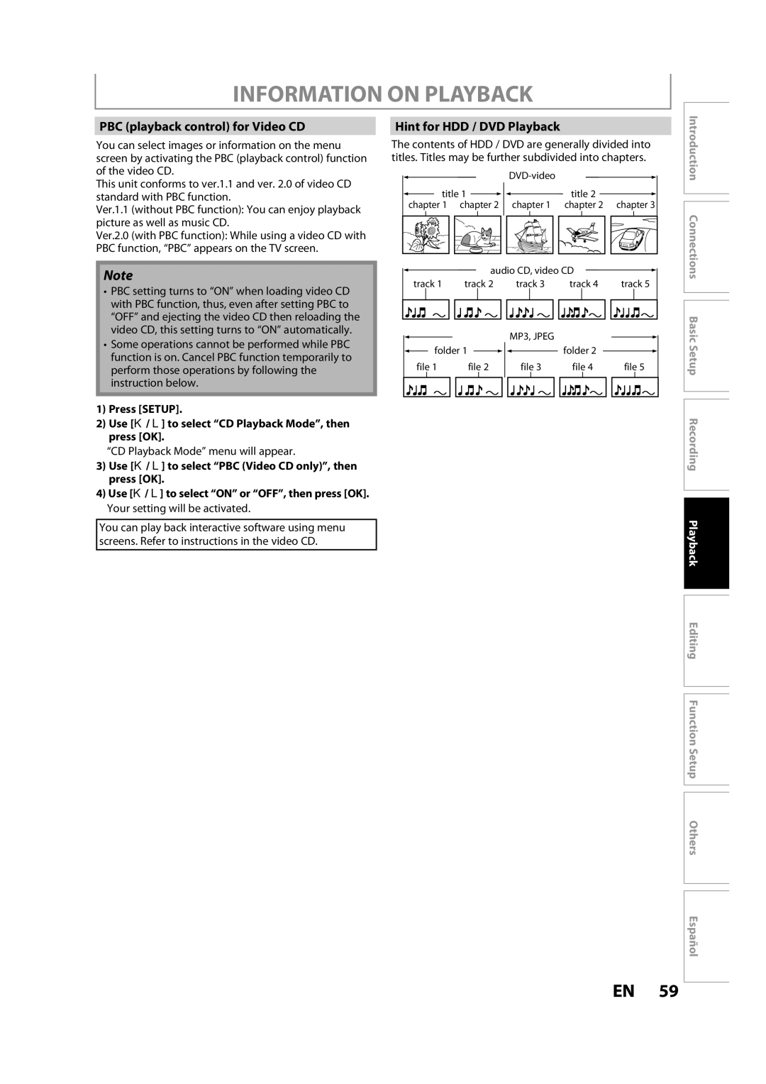 Magnavox H2080MW8 owner manual Information on Playback, PBC playback control for Video CD, Hint for HDD / DVD Playback 