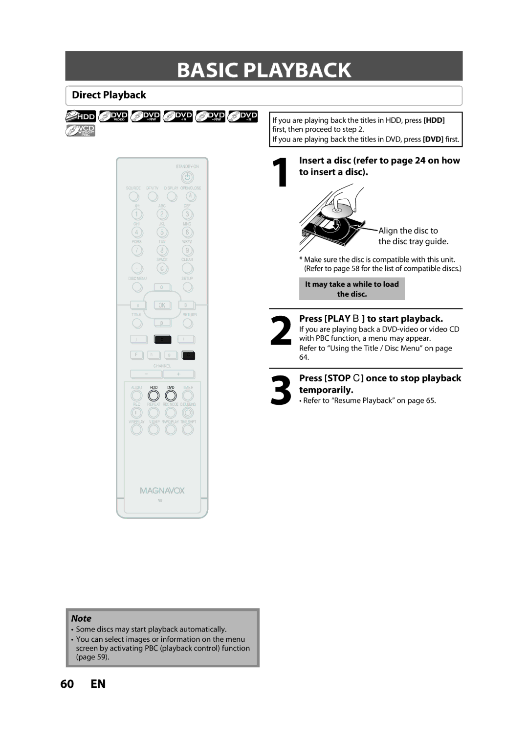 Magnavox H2080MW8 owner manual Basic Playback, Direct Playback, Insert a disc refer to page 24 on how to insert a disc 