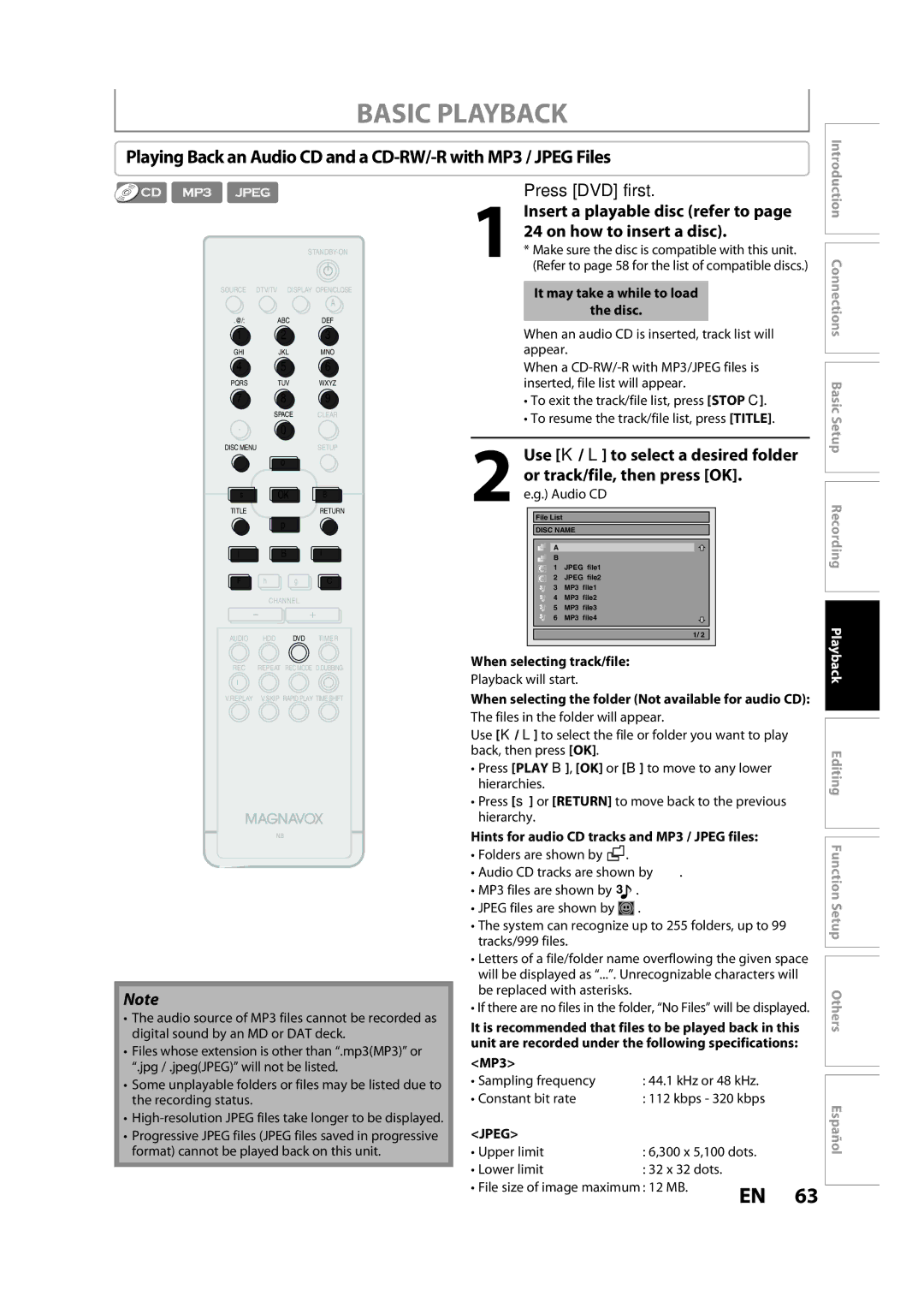 Magnavox H2080MW8 owner manual When selecting track/file, When selecting the folder Not available for audio CD, MP3, Jpeg 