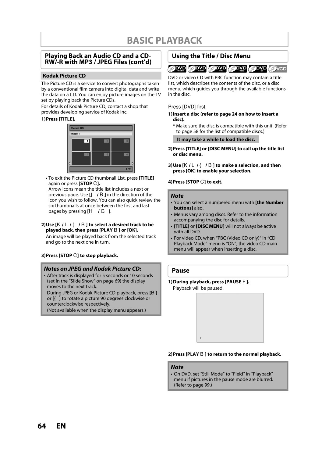 Magnavox H2080MW8 Using the Title / Disc Menu, Pause, Kodak Picture CD, 1Press Title, Press Stop C to stop playback 