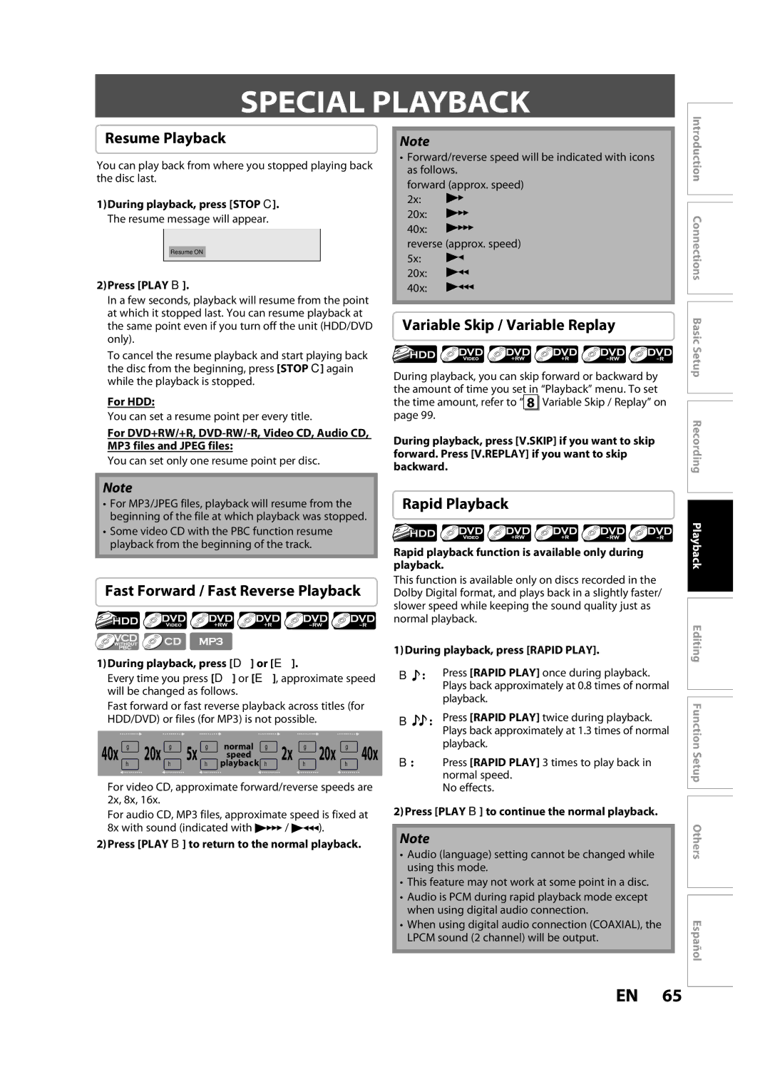 Magnavox H2080MW8 Special Playback, Resume Playback, Variable Skip / Variable Replay, Fast Forward / Fast Reverse Playback 