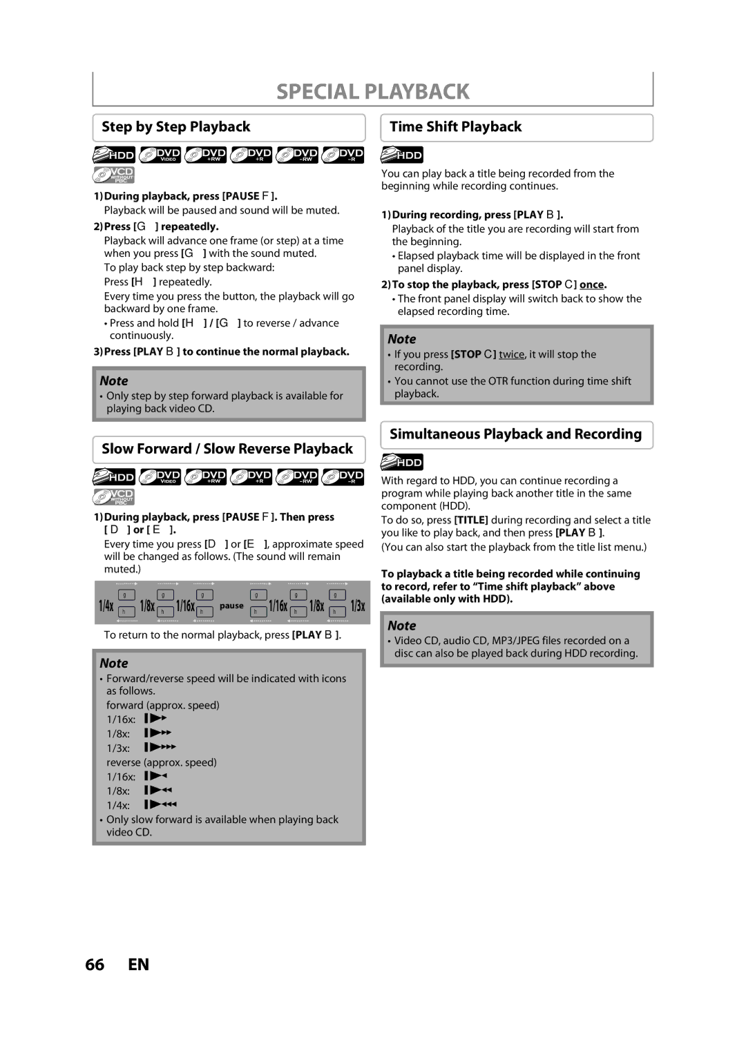 Magnavox H2080MW8 Special Playback, Step by Step Playback, Slow Forward / Slow Reverse Playback, Time Shift Playback 