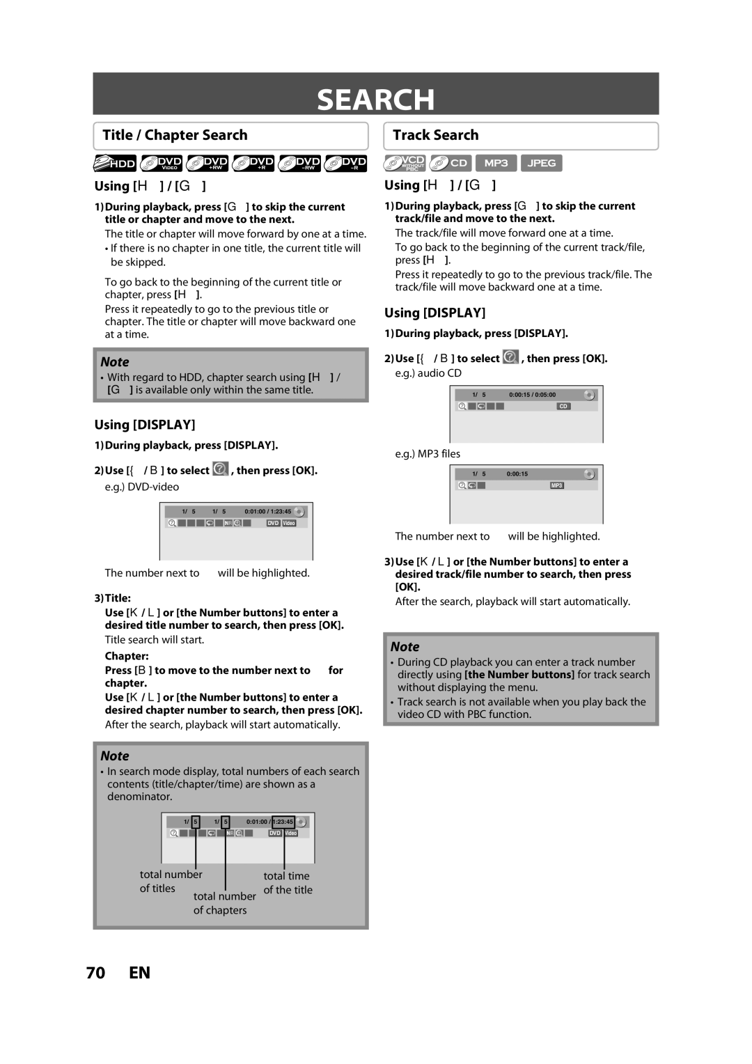 Magnavox H2080MW8 owner manual Title / Chapter Search, Using H / G, Using Display 