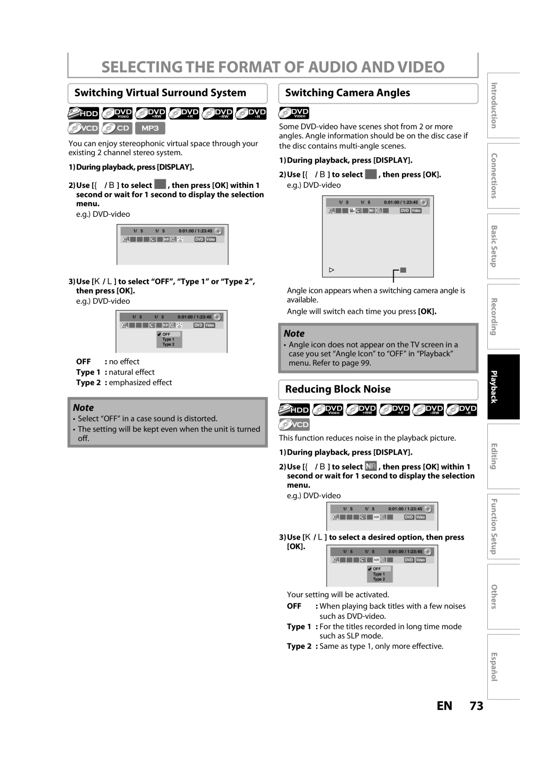 Magnavox H2080MW8 Selecting the Format of Audio and Video, Switching Virtual Surround System, Reducing Block Noise 