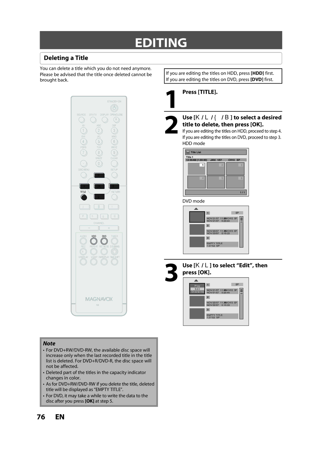 Magnavox H2080MW8 owner manual Editing, Deleting a Title, Press Title, Use K / L to select Edit, then, Press OK 