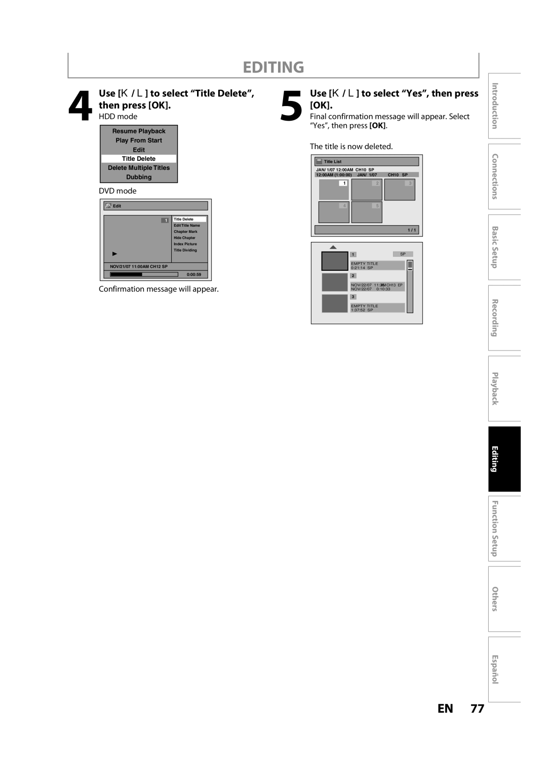 Magnavox H2080MW8 owner manual Editing, Confirmation message will appear, Yes, then press OK Title is now deleted 