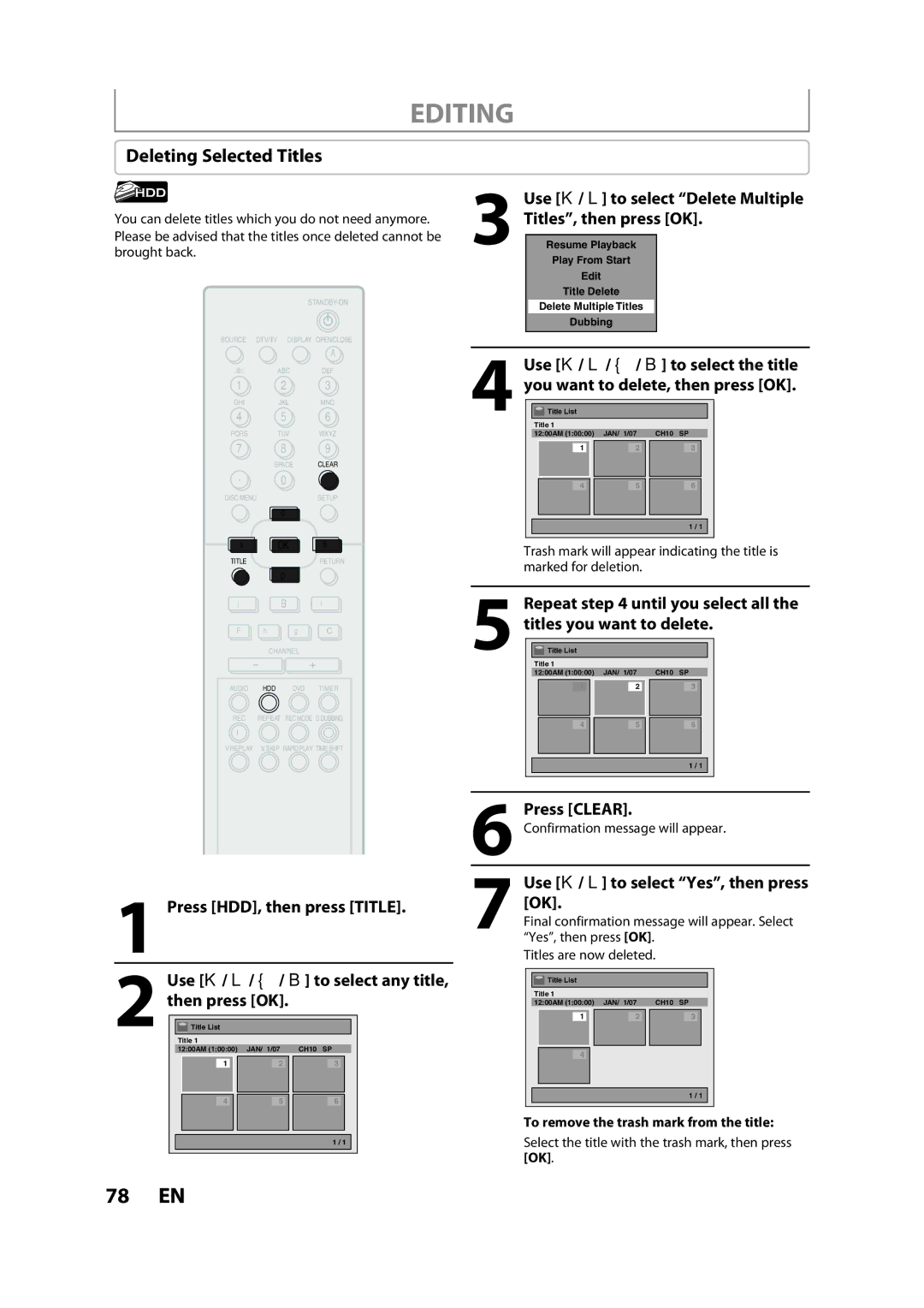 Magnavox H2080MW8 Deleting Selected Titles, Use K / L to select Delete Multiple Titles, then press OK, Press Clear 