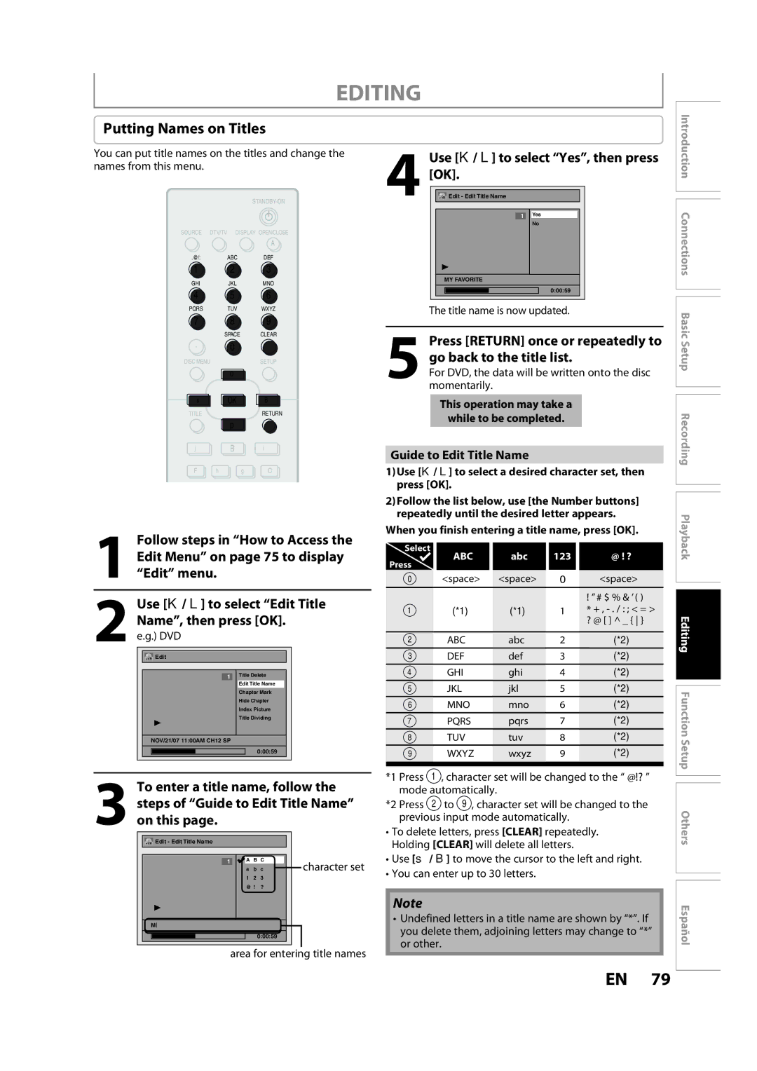 Magnavox H2080MW8 Putting Names on Titles, Guide to Edit Title Name, When you finish entering a title name, press OK 