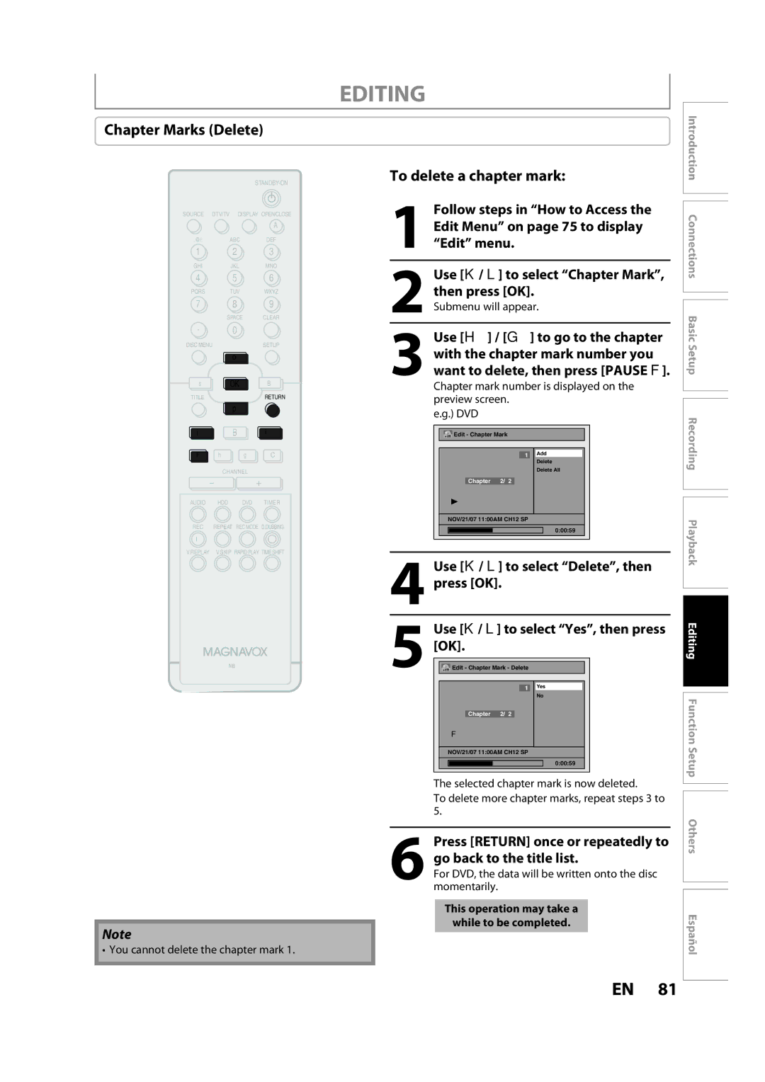 Magnavox H2080MW8 owner manual Chapter Marks Delete, To delete a chapter mark, Use K / L to select Delete, then press OK 