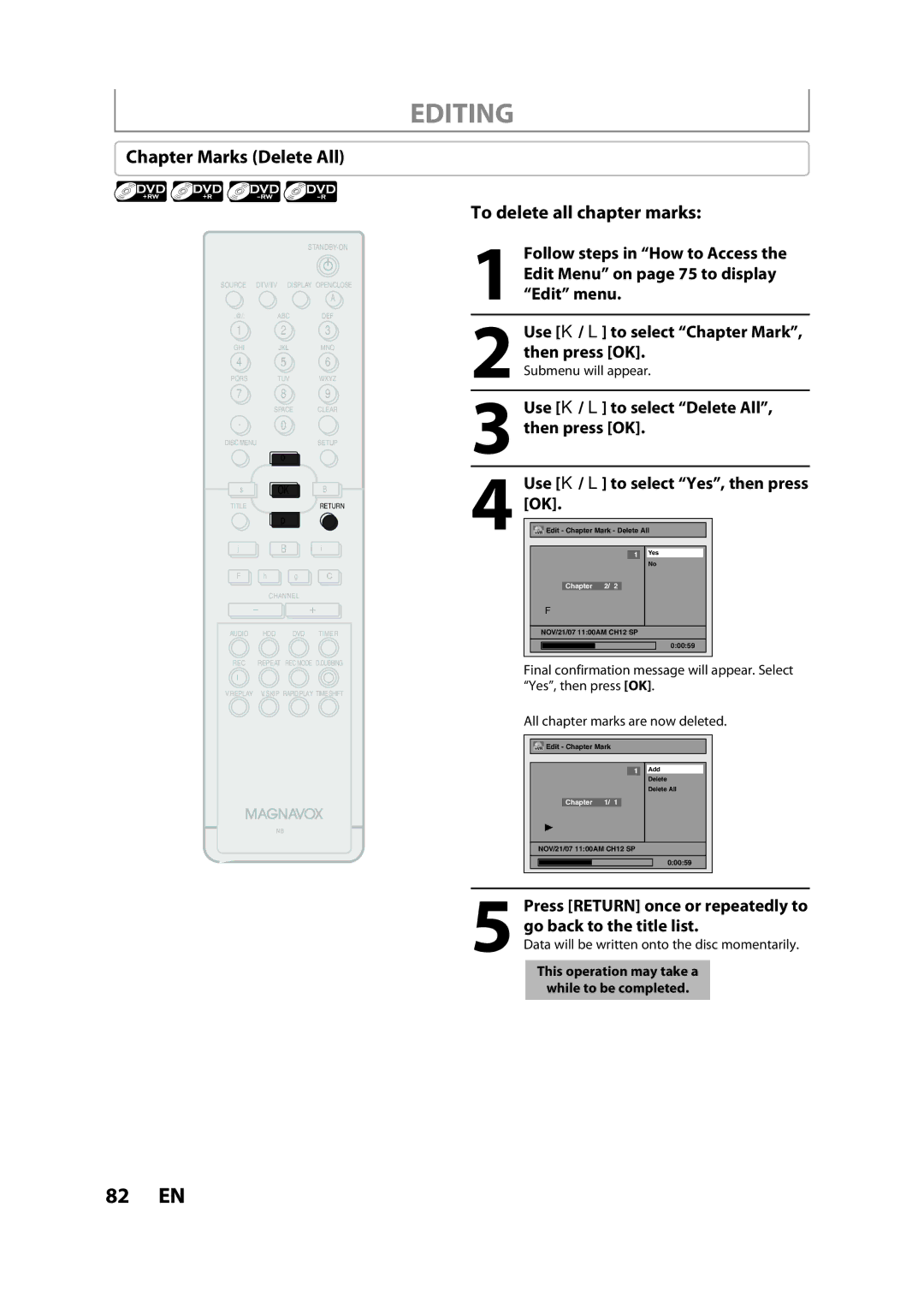 Magnavox H2080MW8 Chapter Marks Delete All, To delete all chapter marks, Use K / L to select Delete All, then press OK 