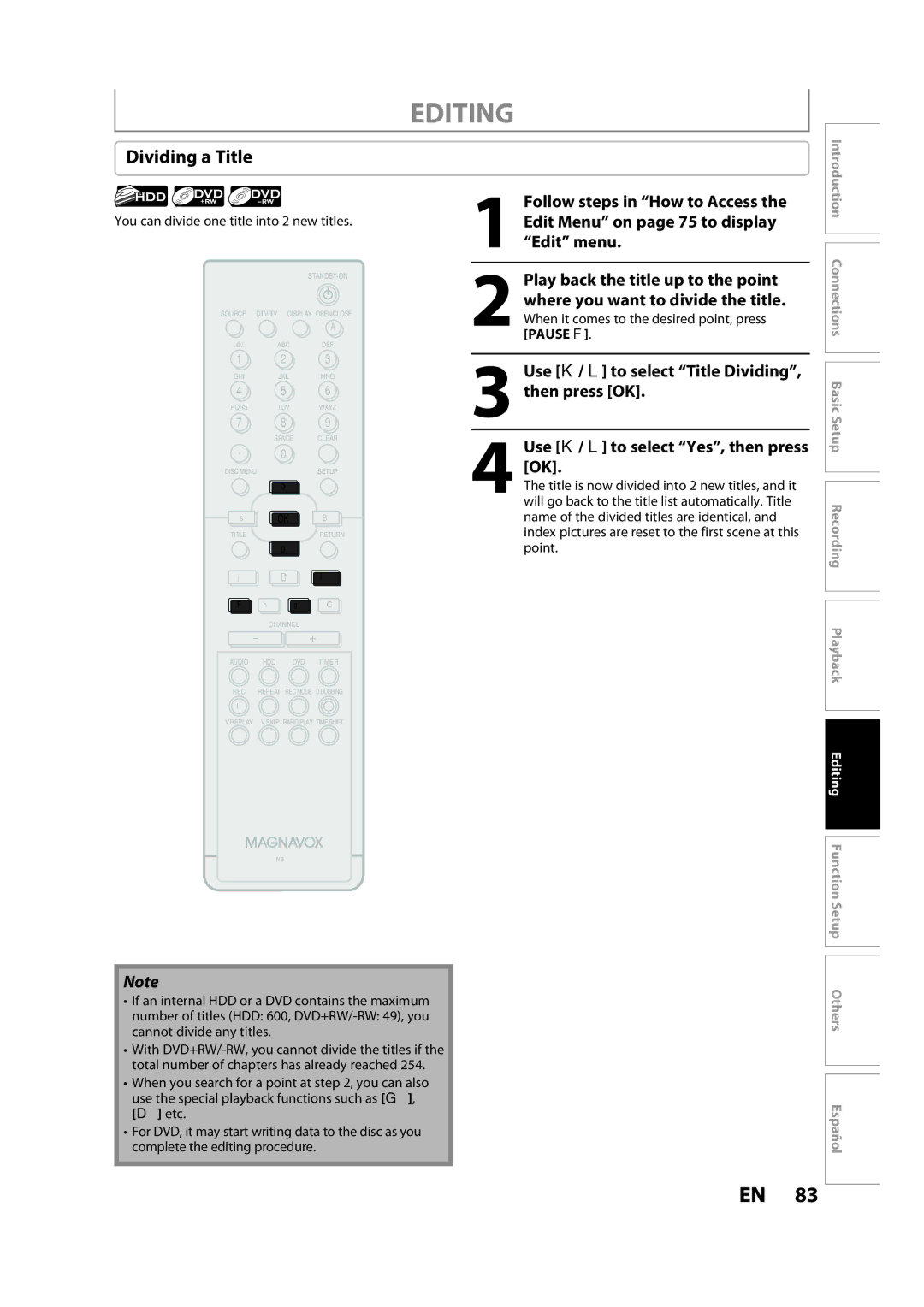 Magnavox H2080MW8 owner manual Dividing a Title, Use K / L to select Title Dividing, then press OK, Editing 