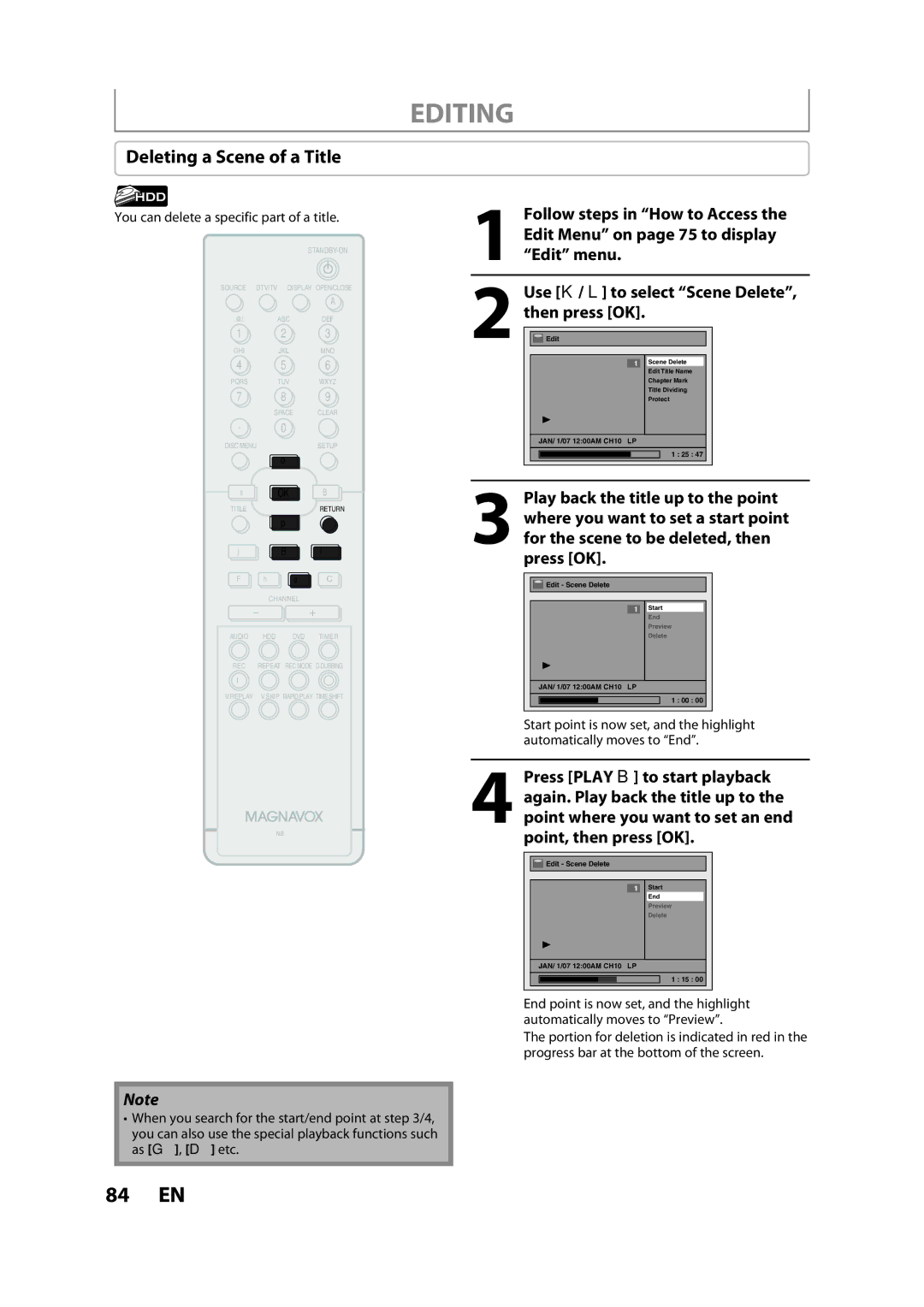 Magnavox H2080MW8 owner manual Deleting a Scene of a Title, You can delete a specific part of a title 