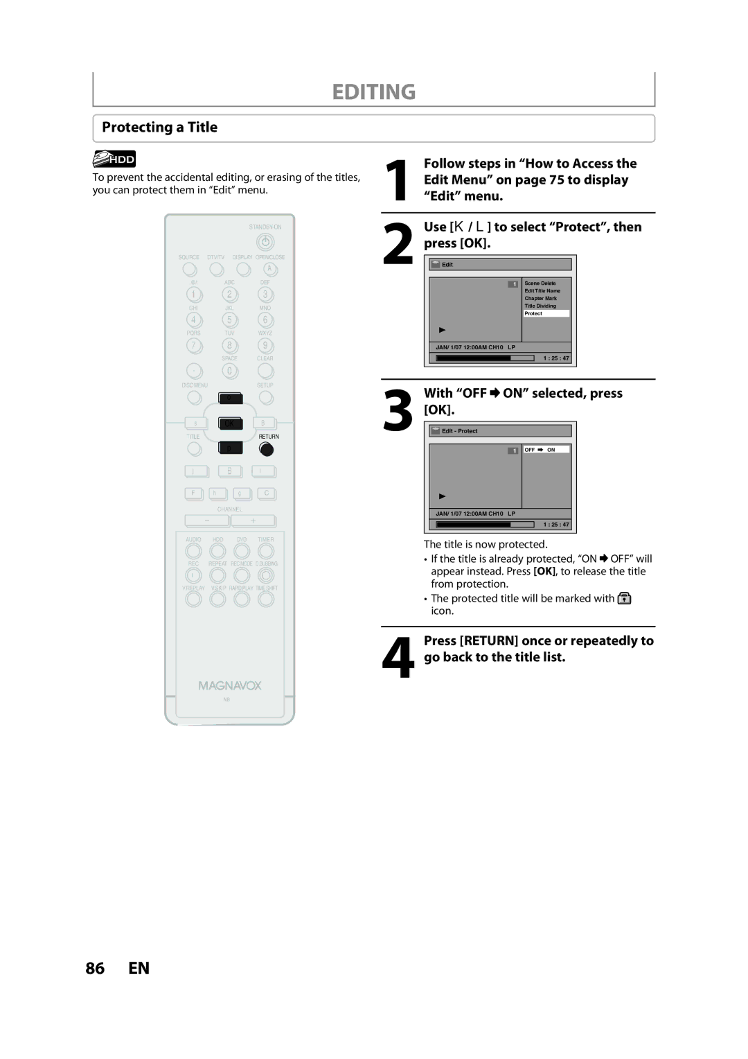 Magnavox H2080MW8 owner manual Protecting a Title, With OFF On selected, press 