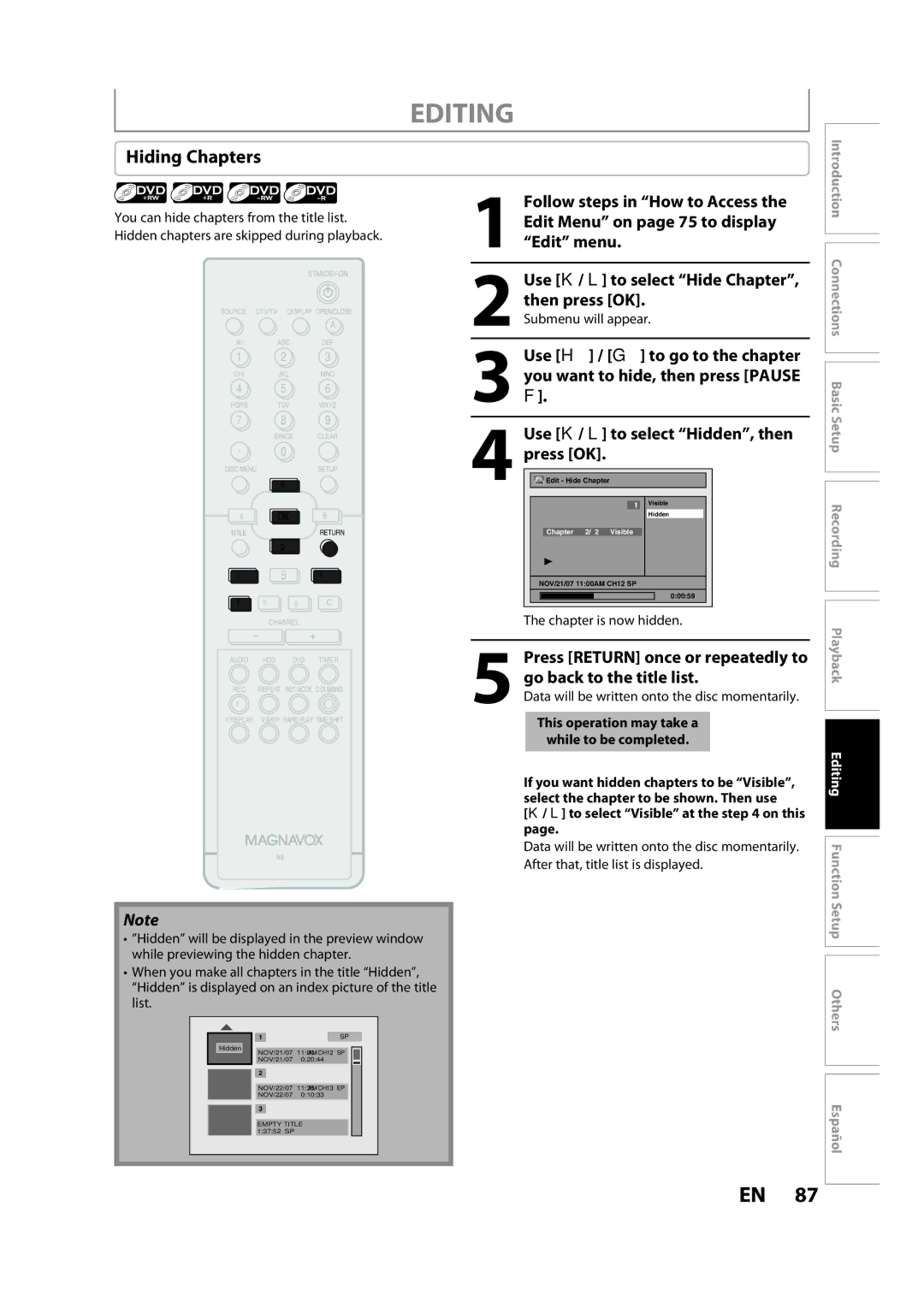 Magnavox H2080MW8 owner manual Hiding Chapters, Chapter is now hidden, Editing Function 