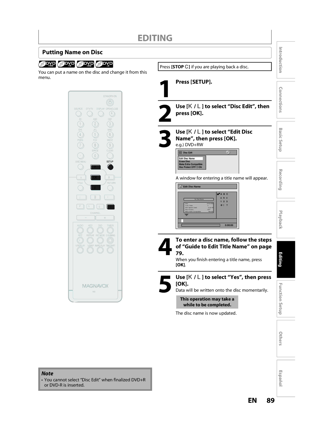 Magnavox H2080MW8 owner manual Putting Name on Disc 