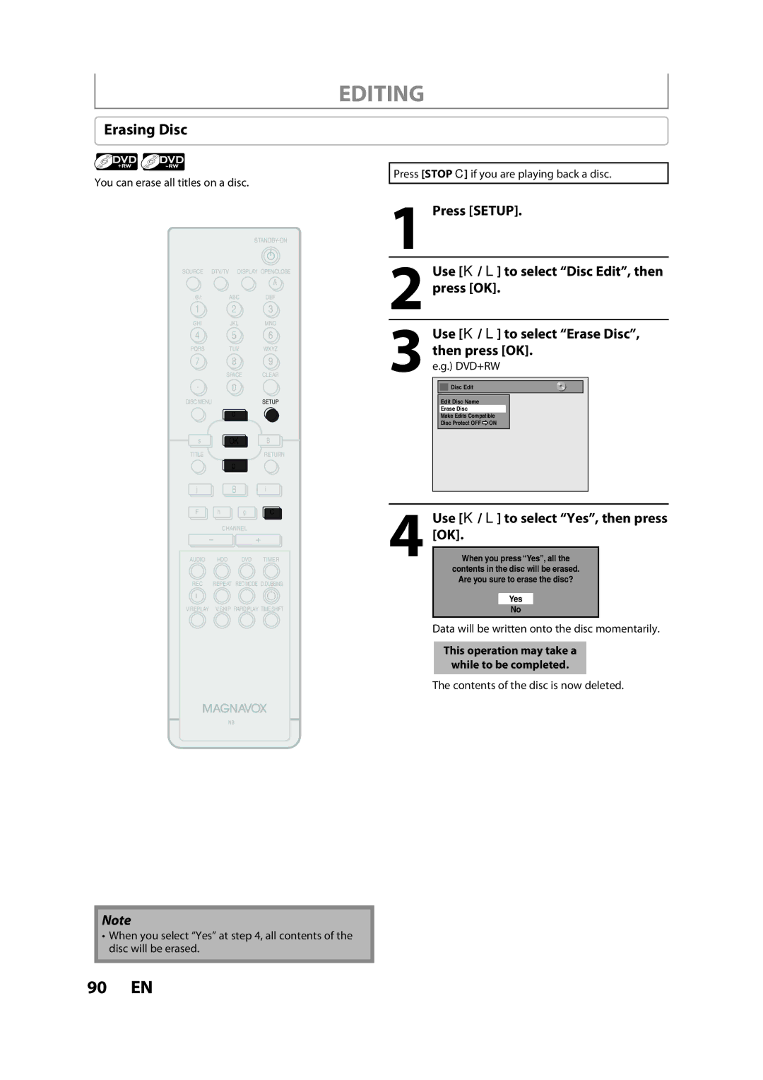 Magnavox H2080MW8 owner manual Erasing Disc, You can erase all titles on a disc, Contents of the disc is now deleted 