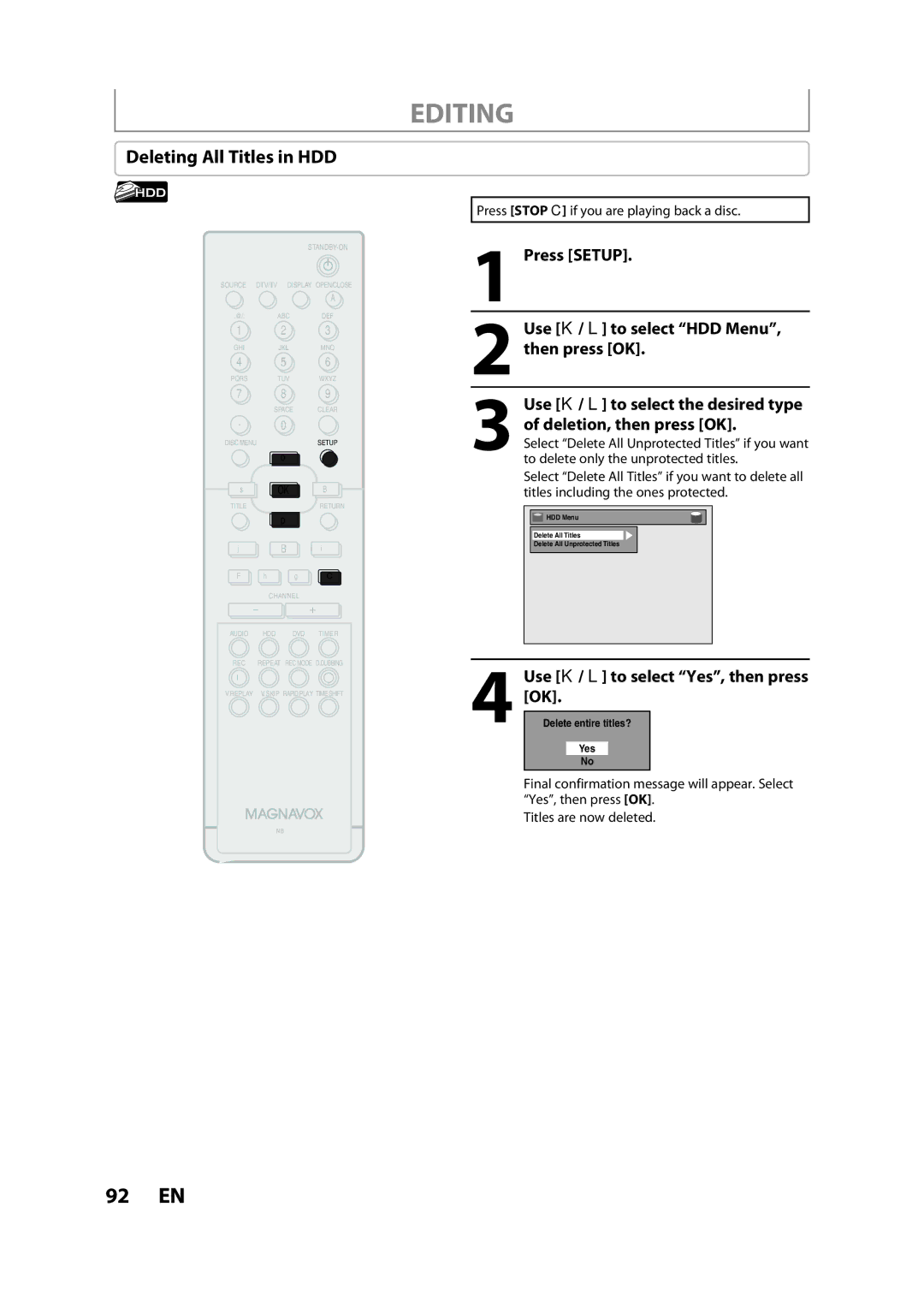 Magnavox H2080MW8 owner manual Deleting All Titles in HDD, Press Setup Use K / L to select HDD Menu, then press OK 