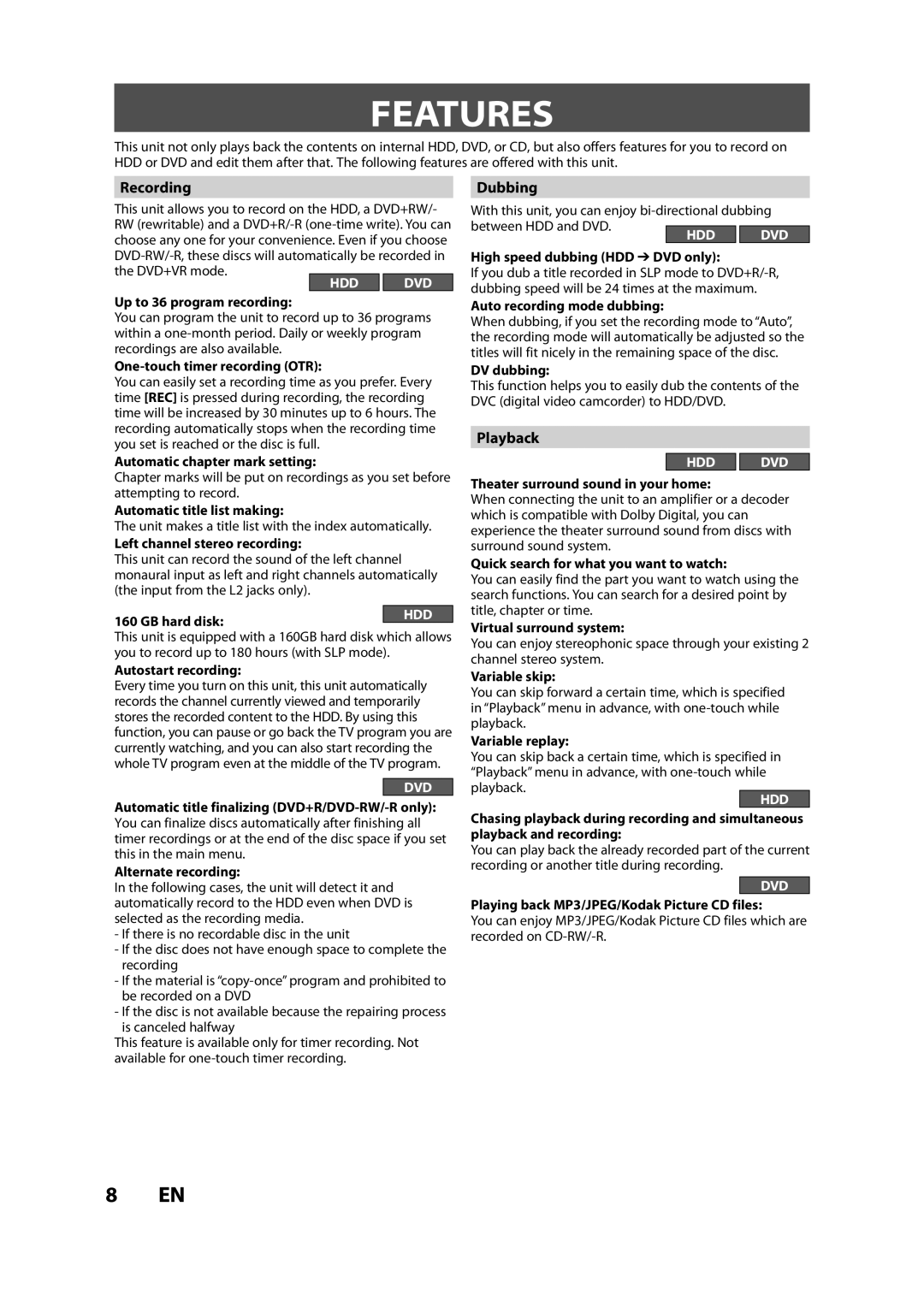 Magnavox H2160MW9 A owner manual Features, Recording, Dubbing, Playback, Between HDD and DVD 