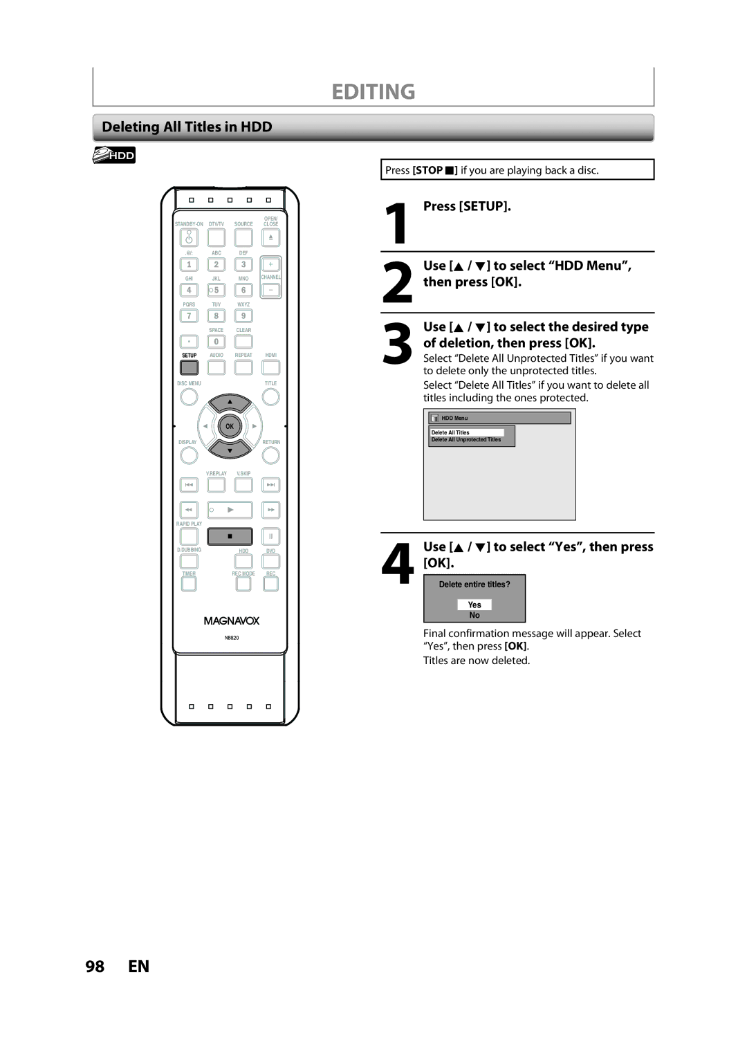 Magnavox H2160MW9 A owner manual Deleting All Titles in HDD, Press Setup Use K / L to select HDD Menu, then press OK 