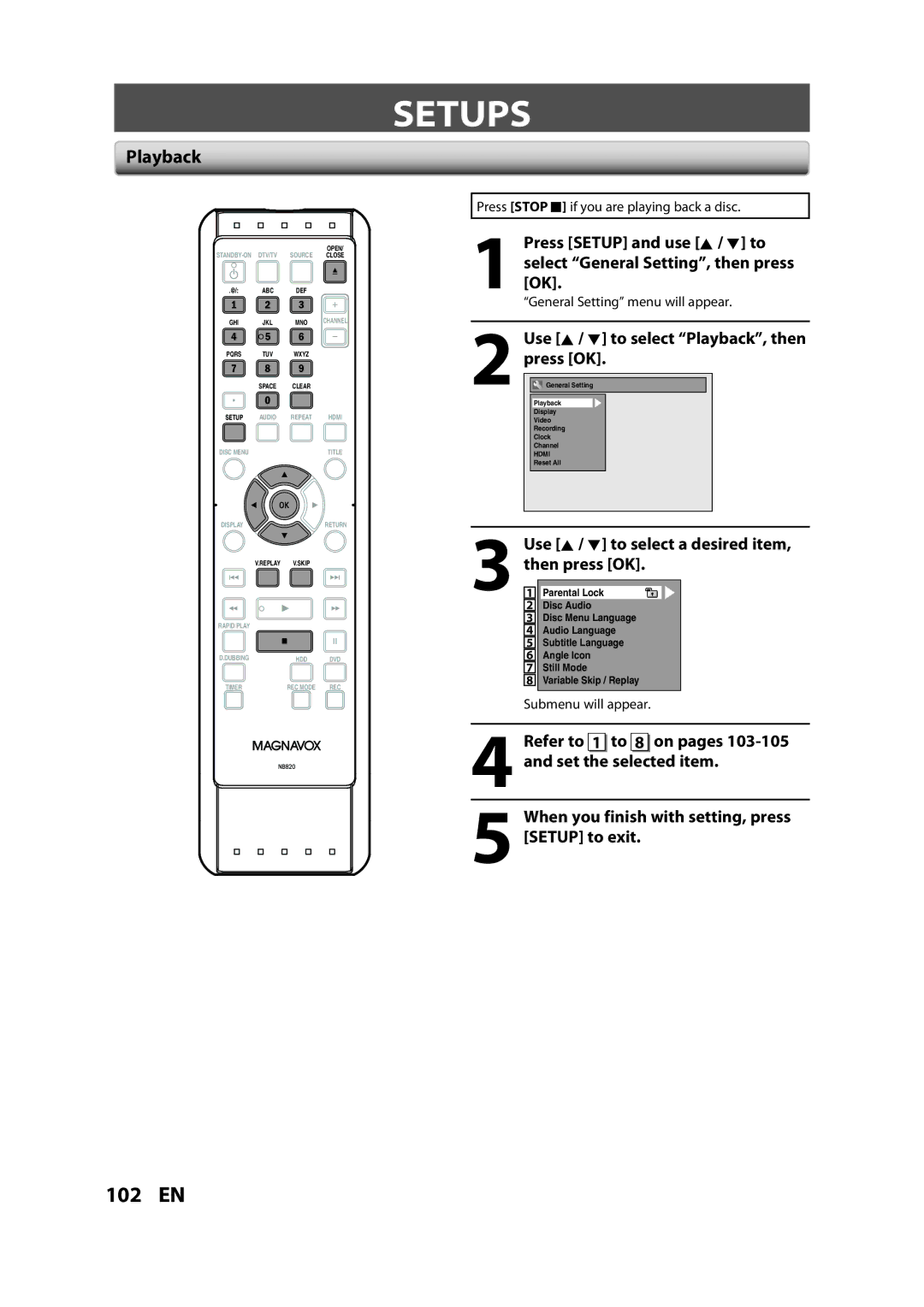 Magnavox H2160MW9 A owner manual Setups, Use K / L to select Playback, then press OK 