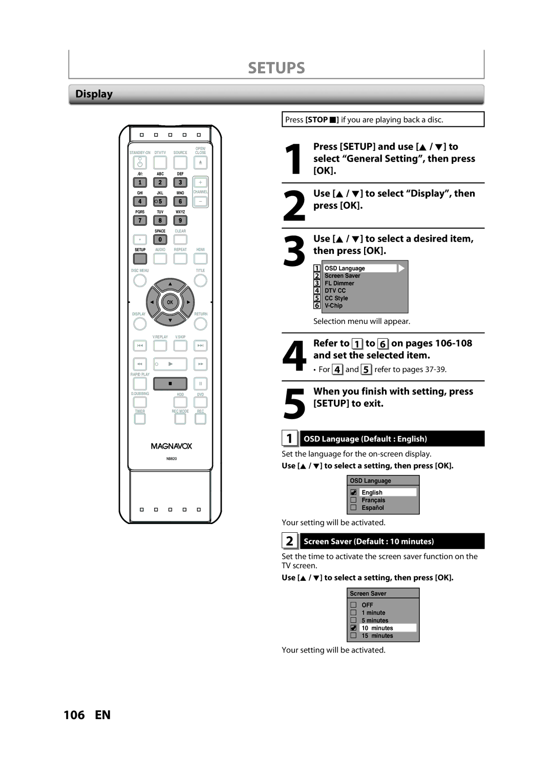 Magnavox H2160MW9 A owner manual Display, Refer to 1 to 6 on pages, Set the selected item, OSD Language Default English 