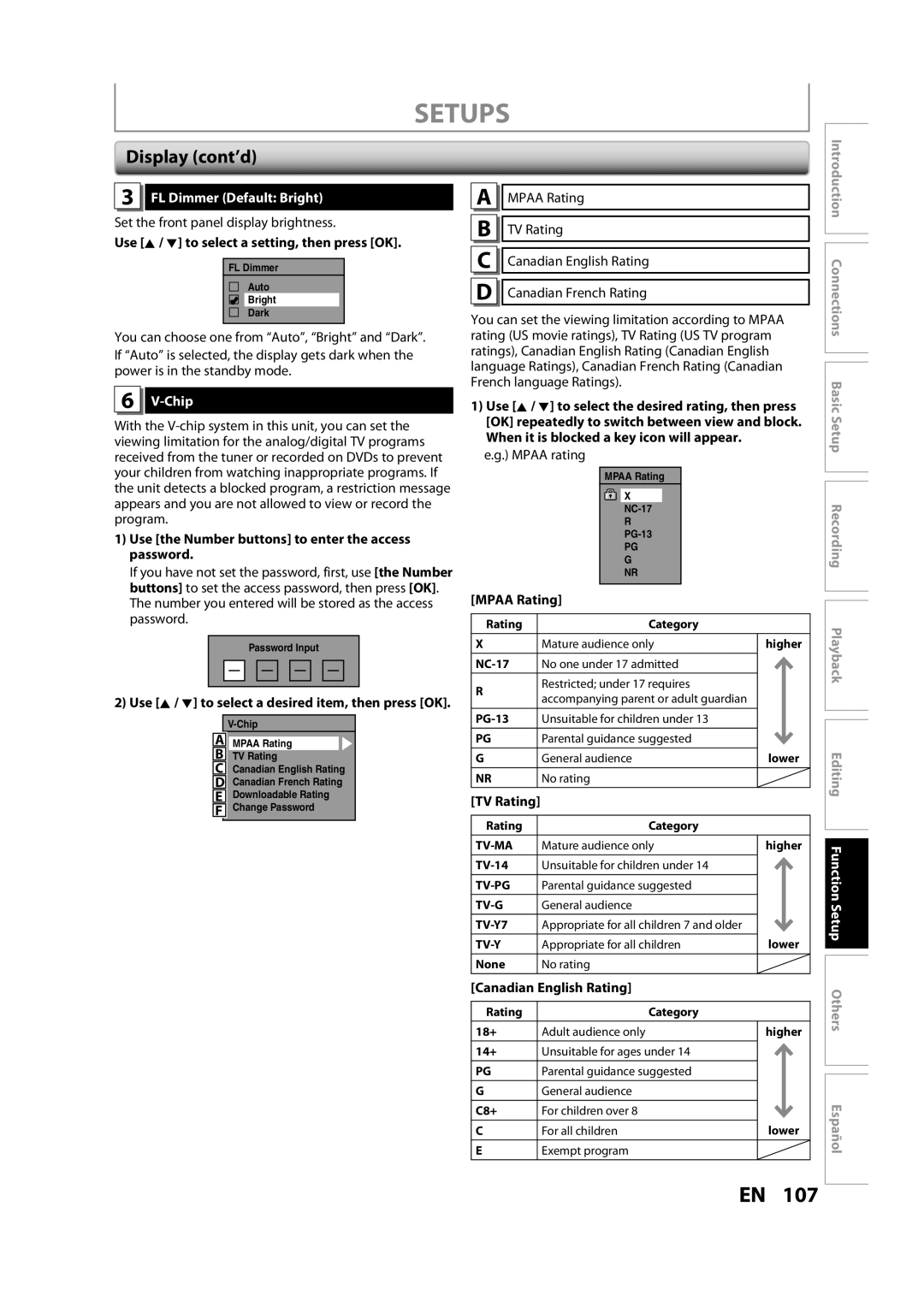 Magnavox H2160MW9 A owner manual Display cont’d, FL Dimmer Default Bright, Chip 