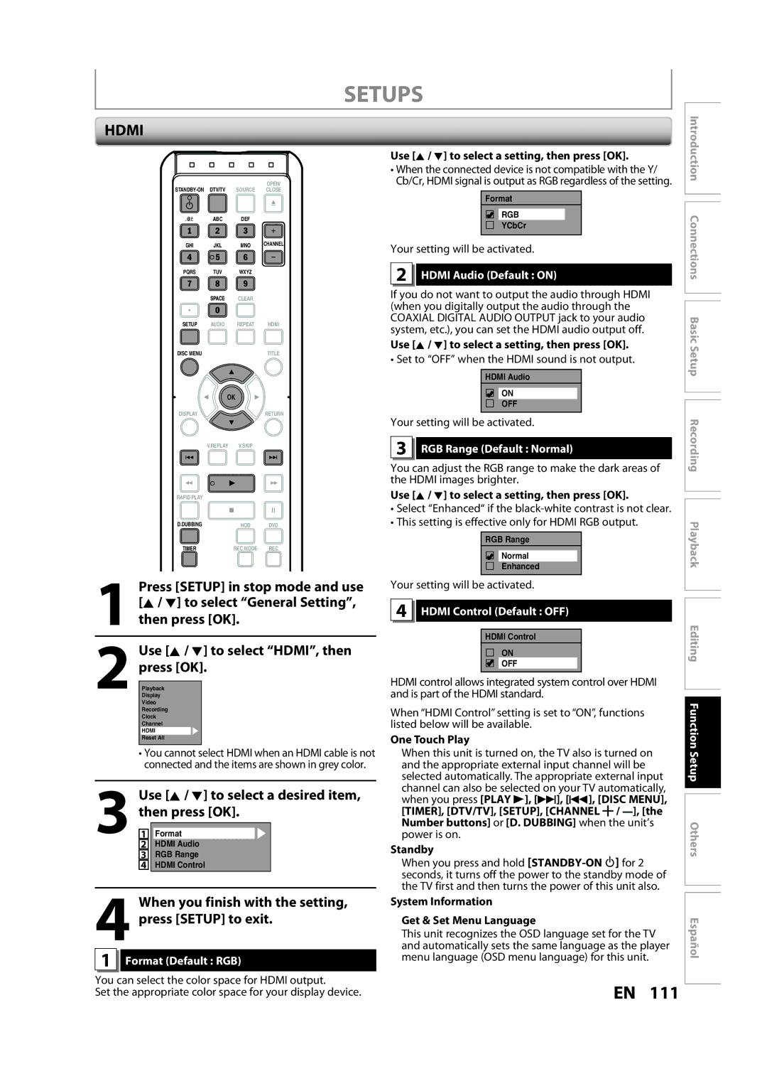 Magnavox H2160MW9 A When you finish with the setting, press Setup to exit, Format Default RGB, Hdmi Audio Default on 