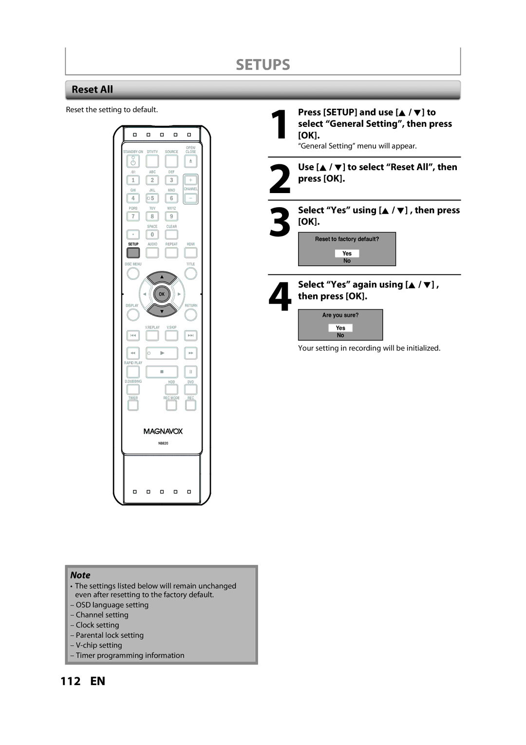 Magnavox H2160MW9 A owner manual Reset All, Select Yes again using K / L , then press OK, Reset the setting to default 