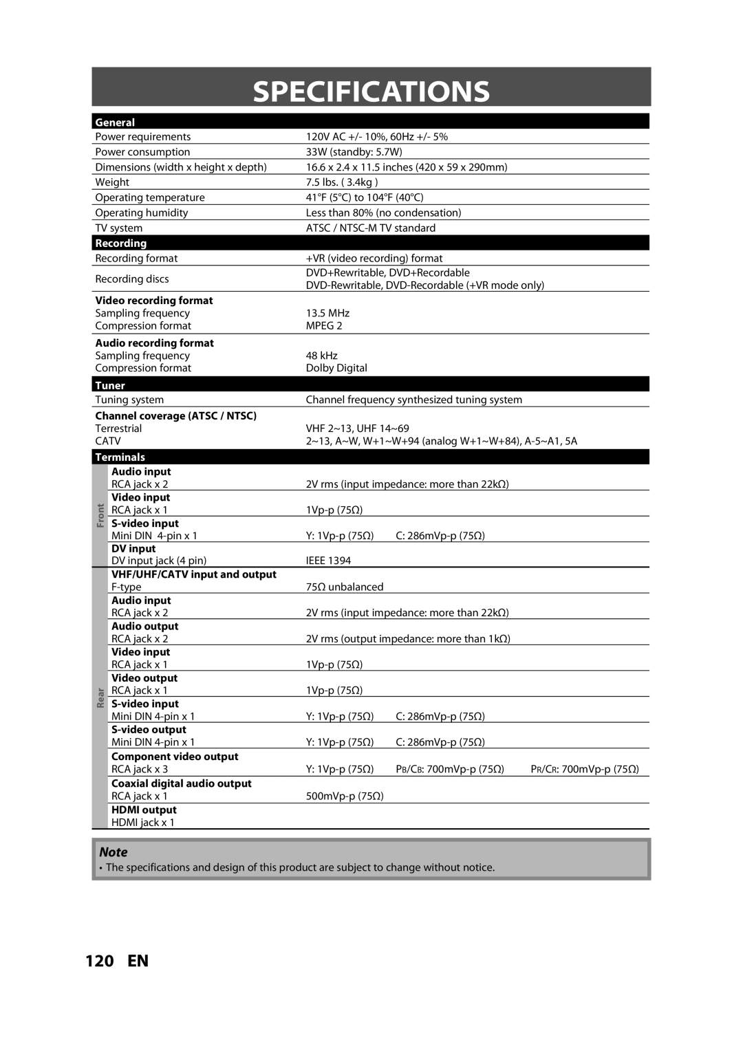 Magnavox H2160MW9 A owner manual Specifications, General, Recording, Tuner, Terminals 