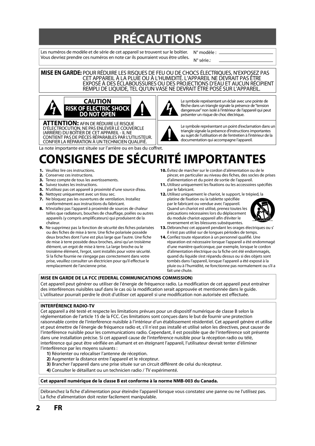 Magnavox H2160MW9 A owner manual Précautions, Risk of Electric Shock Do not Open 