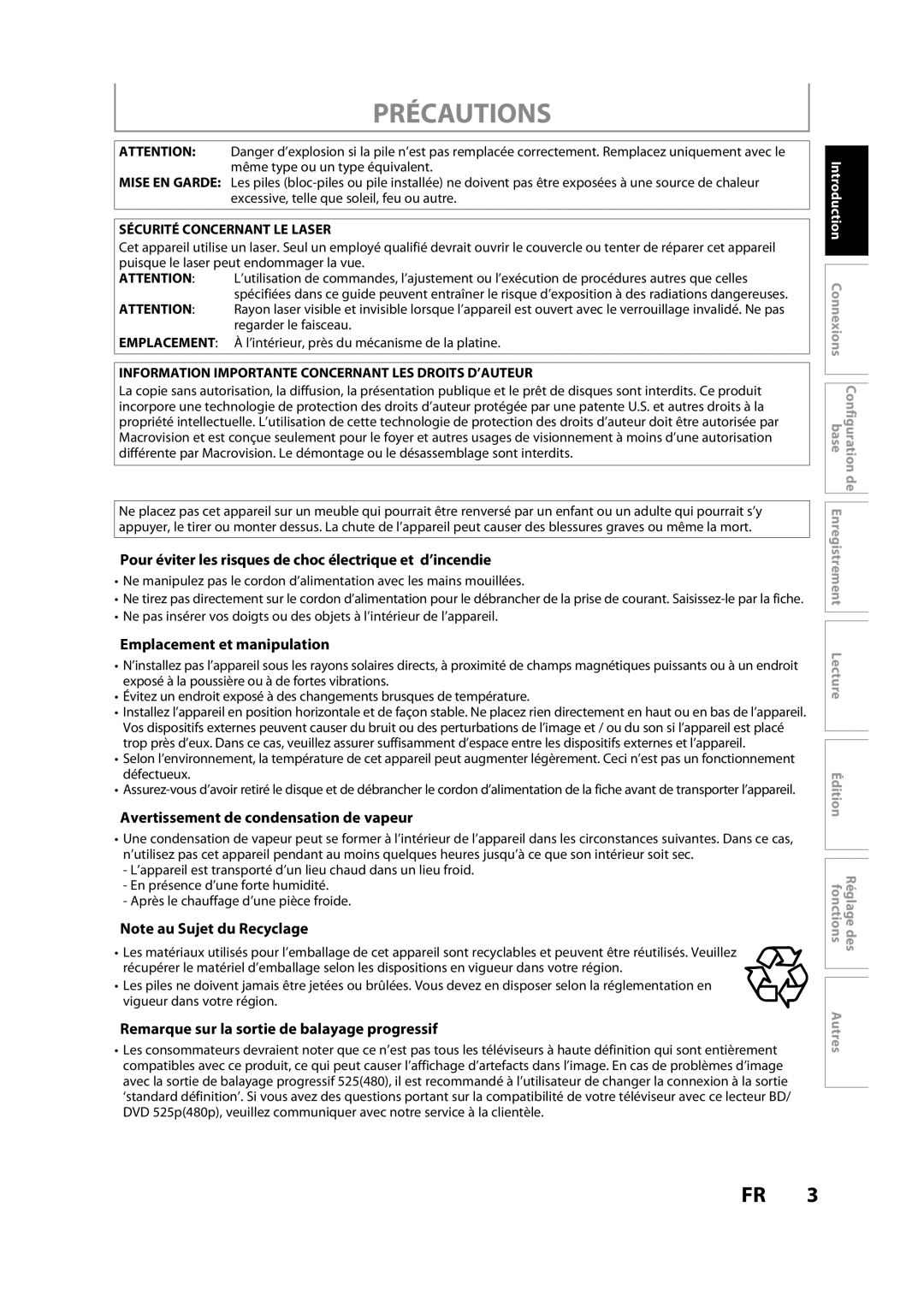 Magnavox H2160MW9 A Précautions, Pour éviter les risques de choc électrique et d’incendie, Emplacement et manipulation 