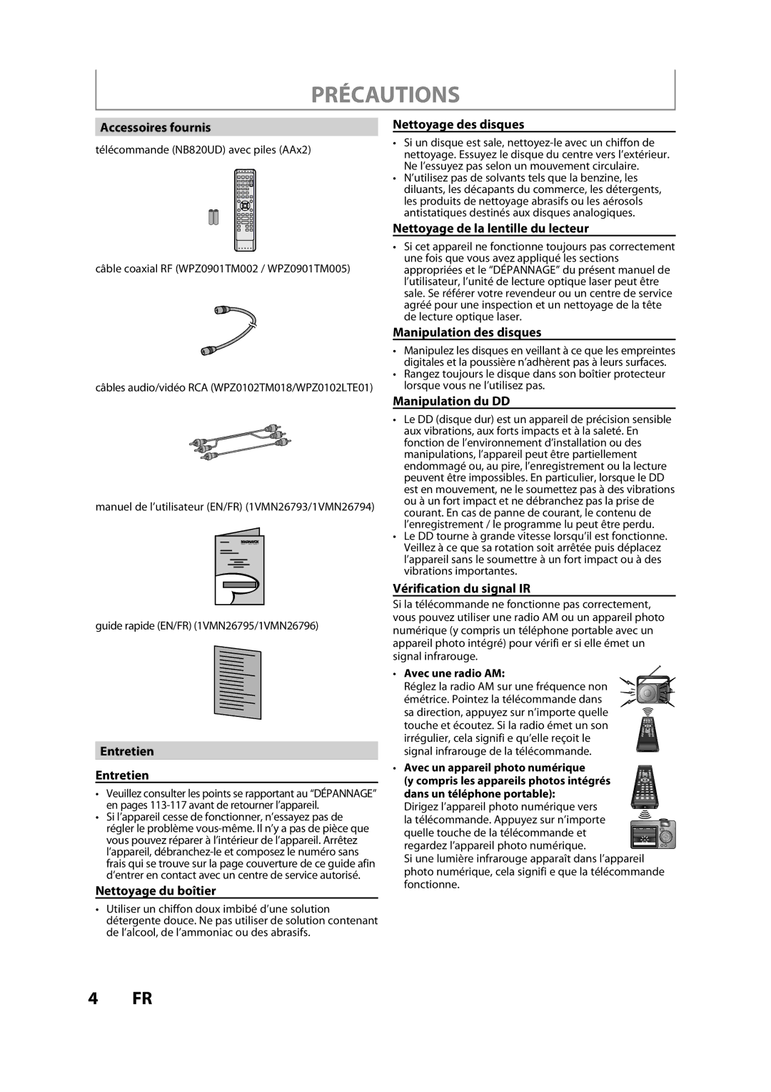 Magnavox H2160MW9 A Accessoires fournis, Entretien, Nettoyage du boîtier, Nettoyage des disques, Manipulation des disques 