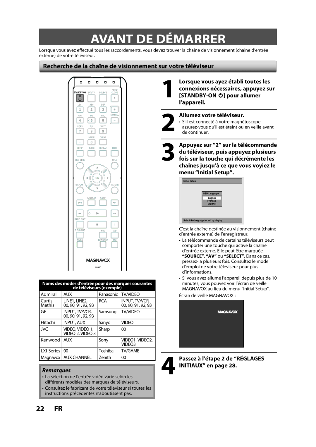 Magnavox H2160MW9 A Avant DE Démarrer, Recherche de la chaîne de visionnement sur votre téléviseur, Initiaux en 