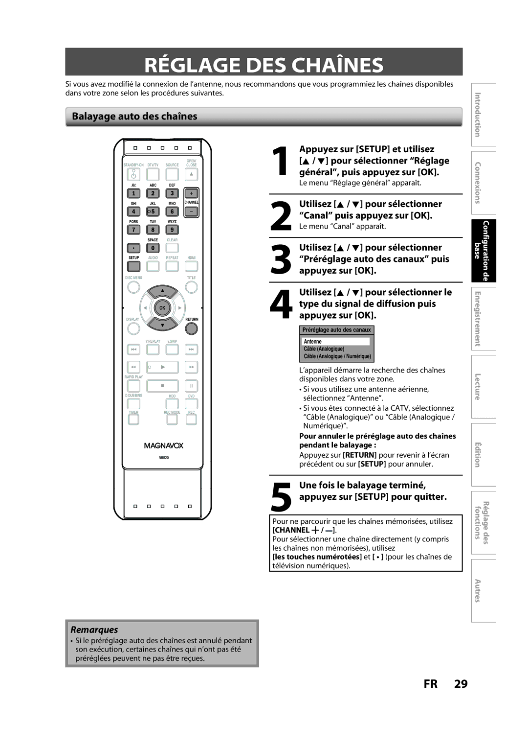 Magnavox H2160MW9 A owner manual Balayage auto des chaînes, Le menu Réglage général apparaît 