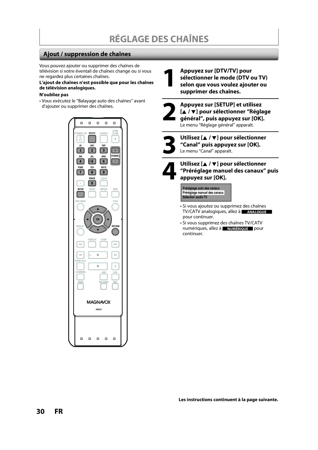 Magnavox H2160MW9 A owner manual Réglage DES Chaînes, Ajout / suppression de chaînes, Appuyez sur Setup et utilisez 