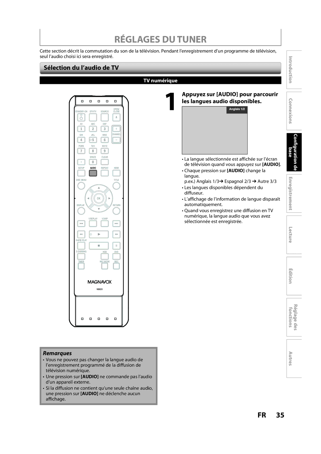 Magnavox H2160MW9 A owner manual Réglages DU Tuner, Sélection du l’audio de TV, TV numérique 