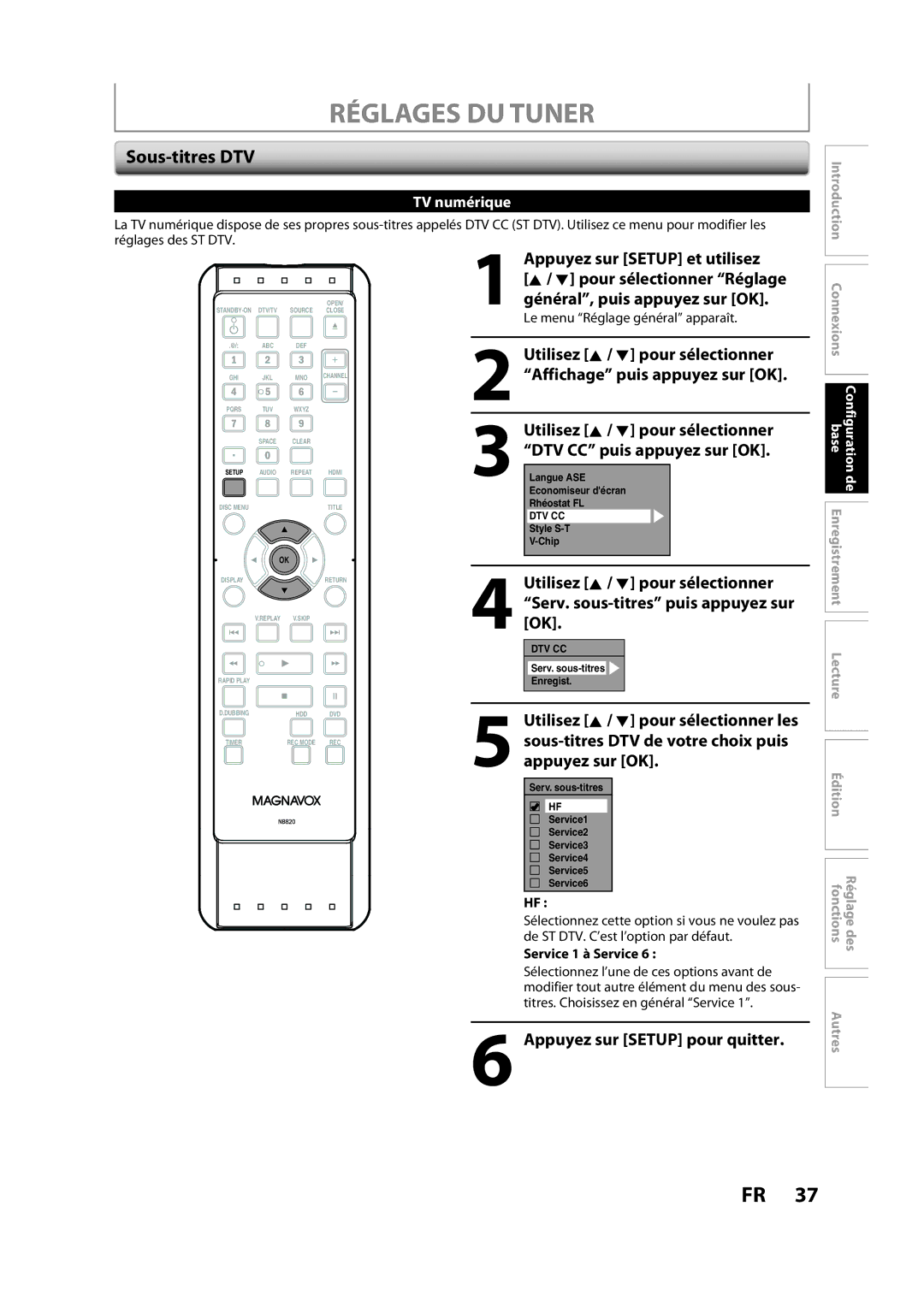 Magnavox H2160MW9 A owner manual Sous-titres DTV, TV numérique 